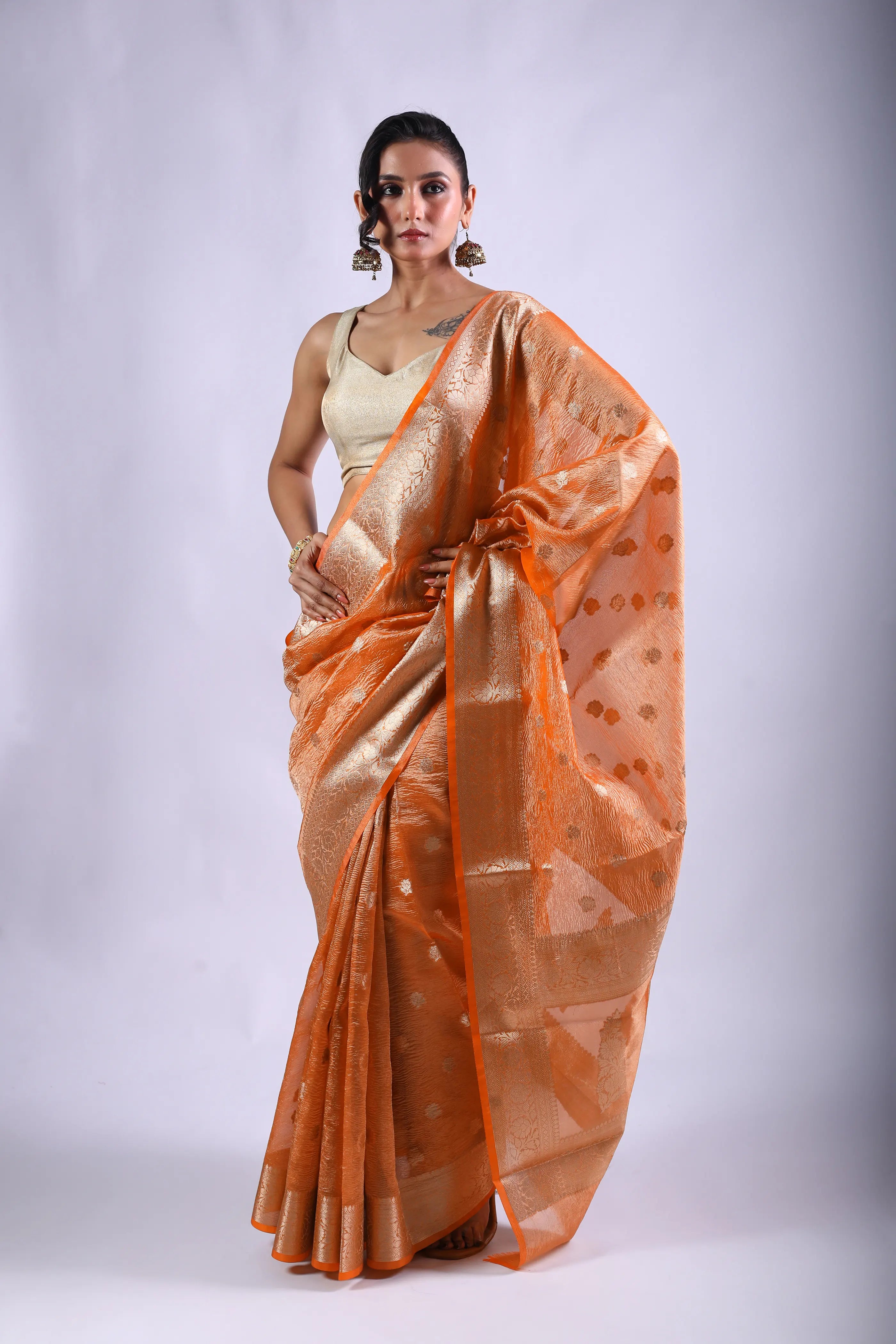 Orange Blended Tissue Banarasi Saree With Blouse Piece