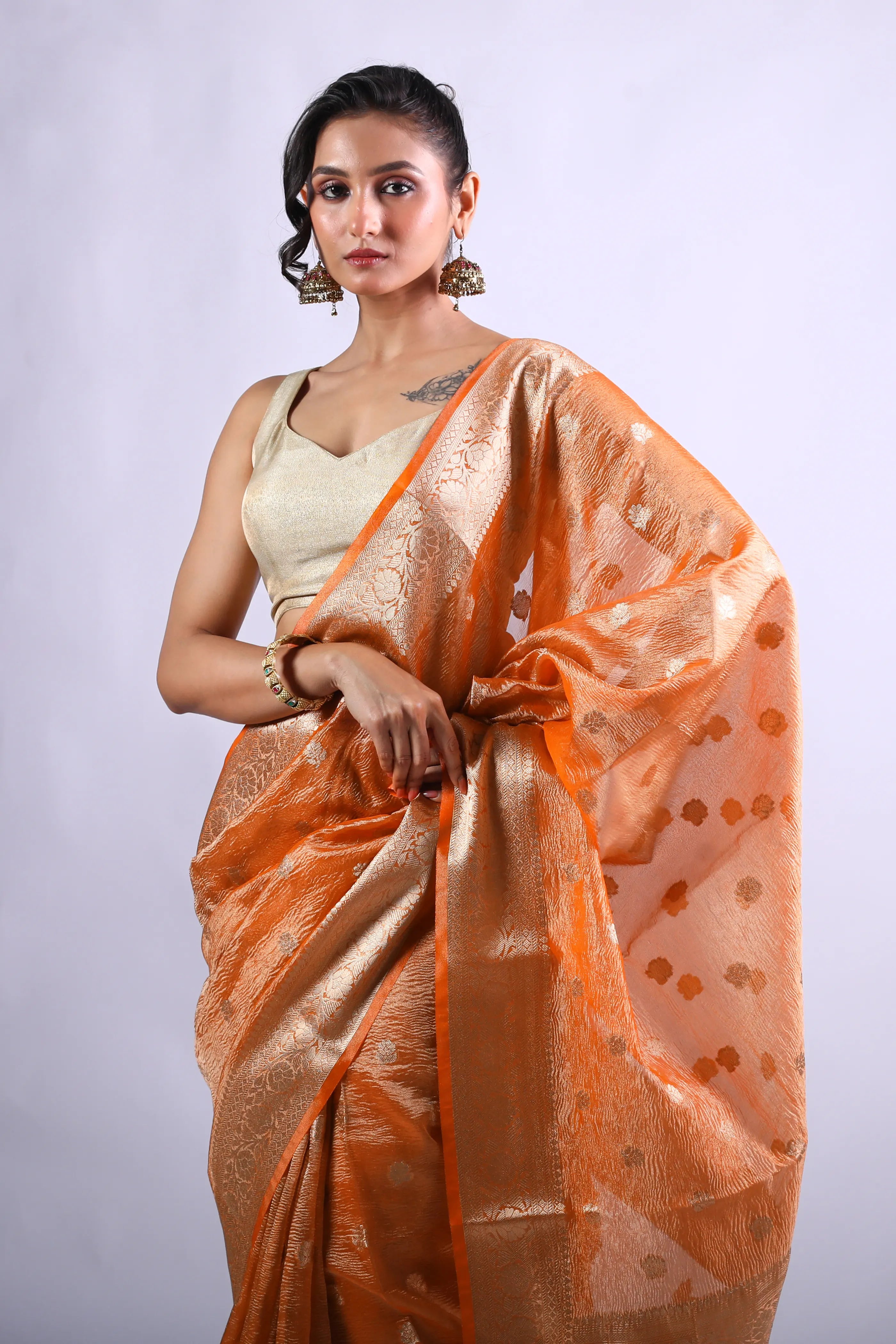 Orange Blended Tissue Banarasi Saree With Blouse Piece