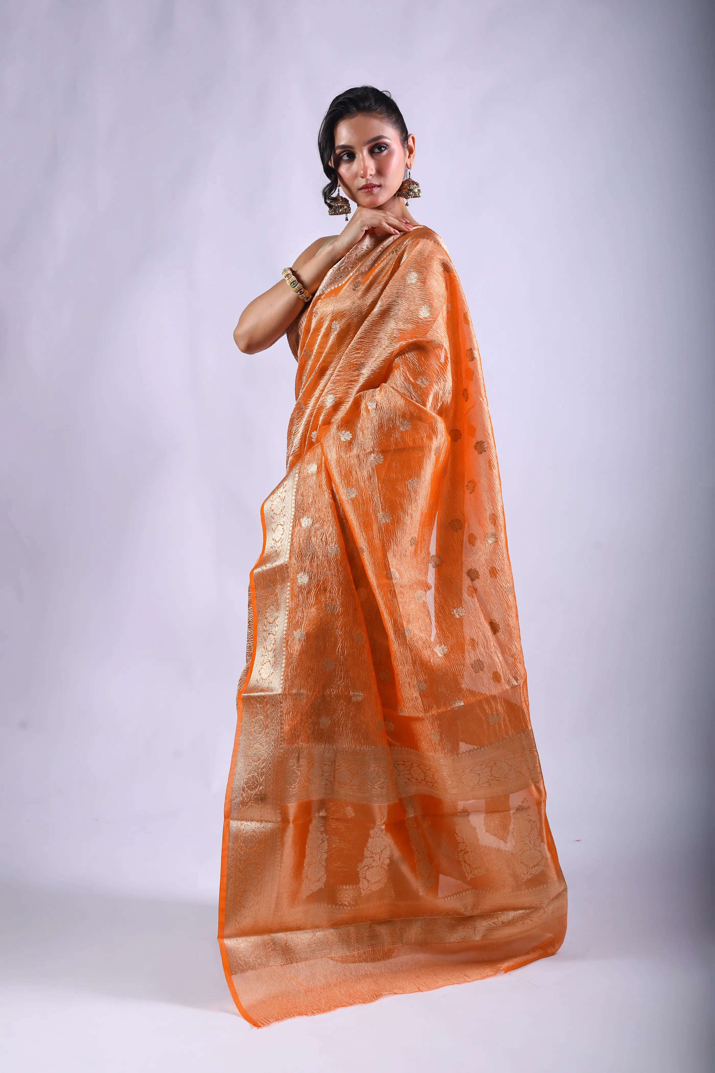 Orange Blended Tissue Banarasi Saree With Blouse Piece