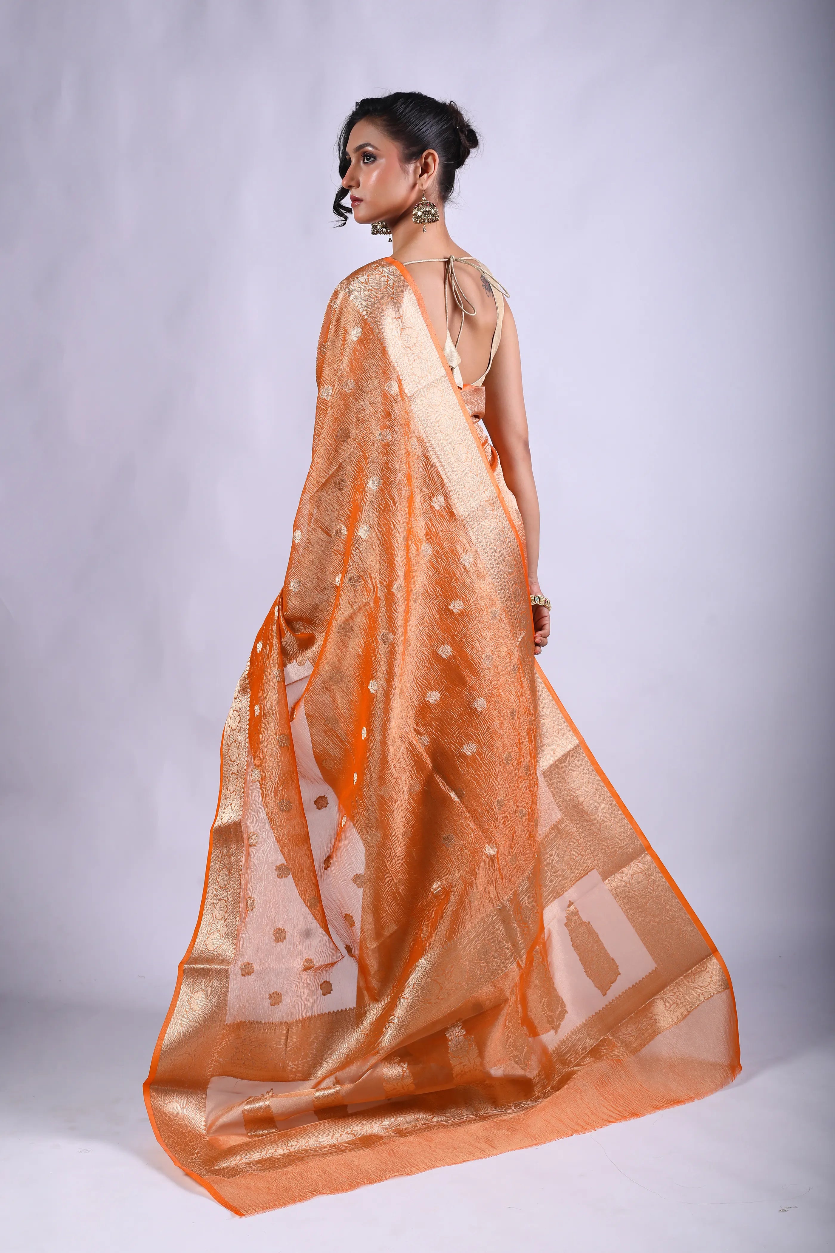 Orange Blended Tissue Banarasi Saree With Blouse Piece
