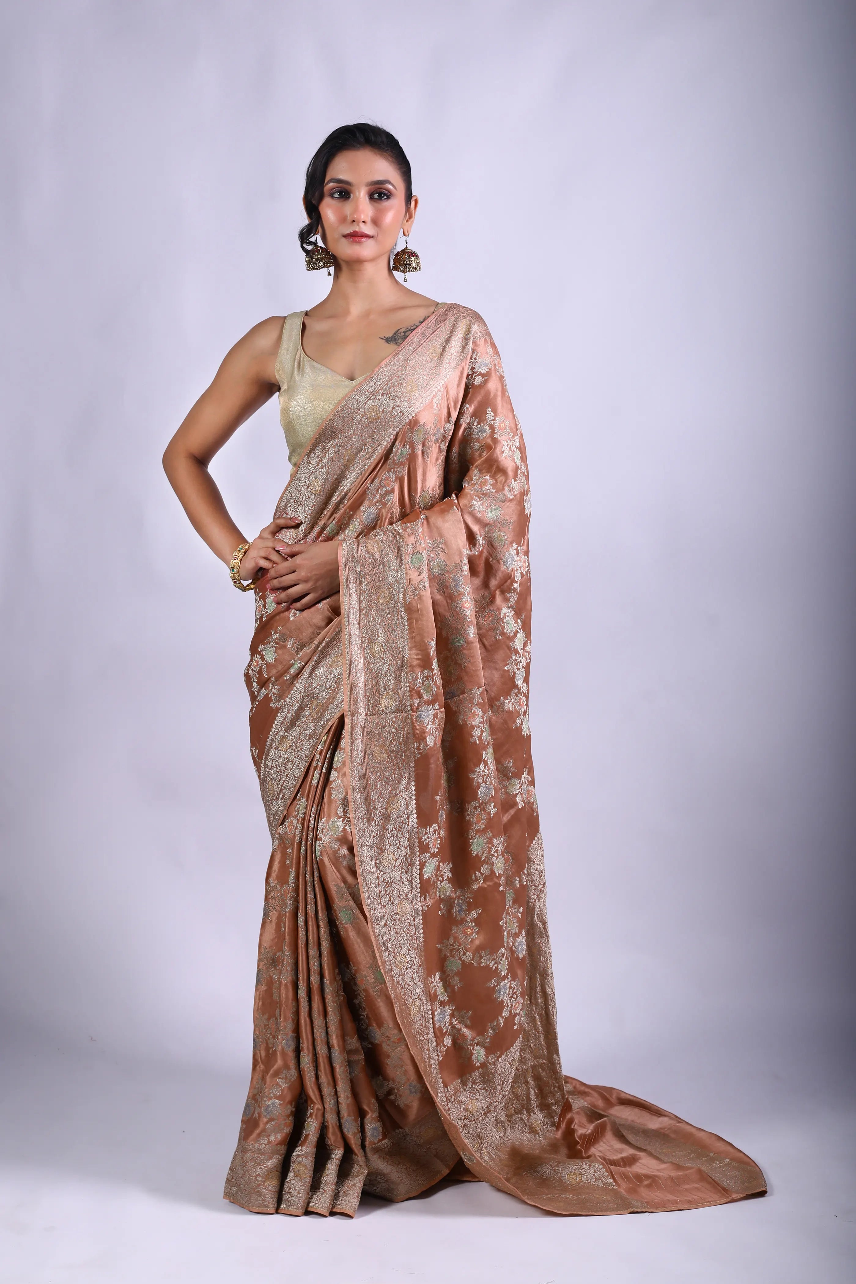Peach Semi Mashru Saree With Blouse Piece