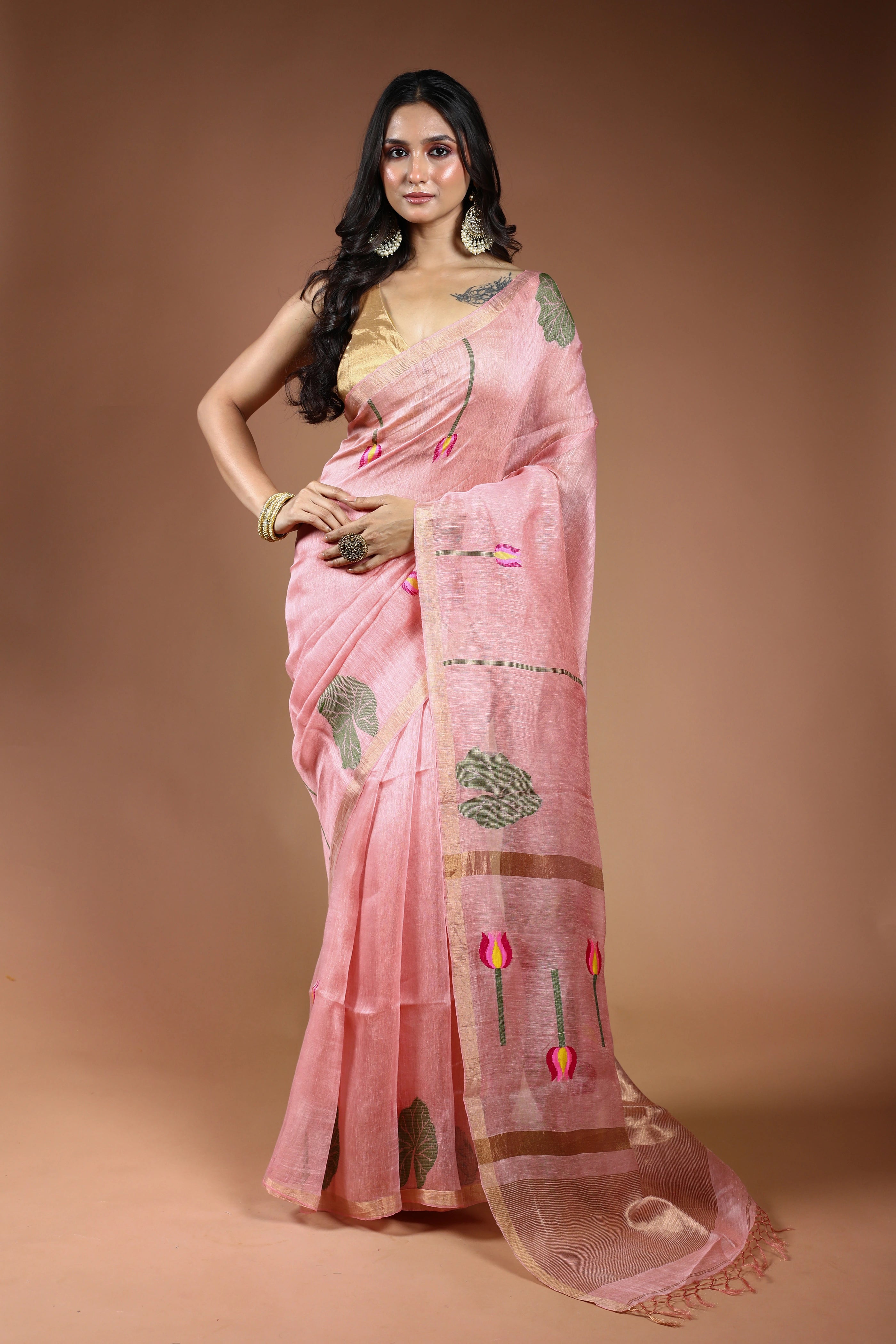 Pink Linen Tissue Saree With Blouse Piece