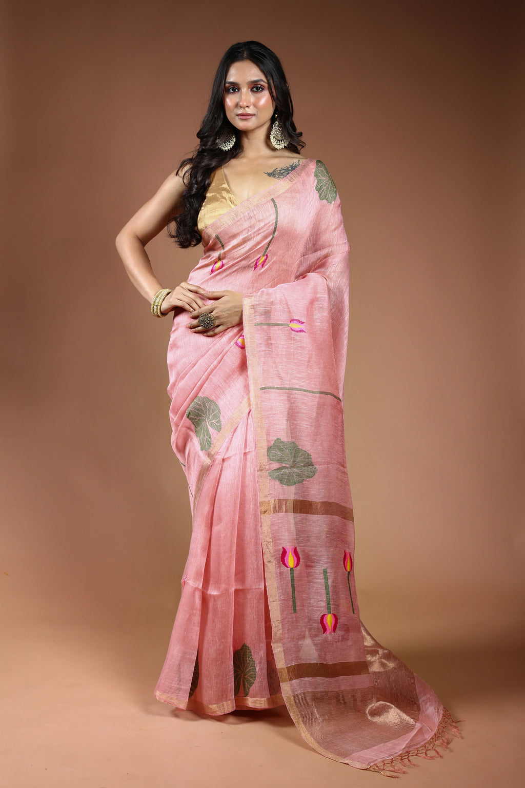 Pink Linen Tissue Saree With Blouse Piece
