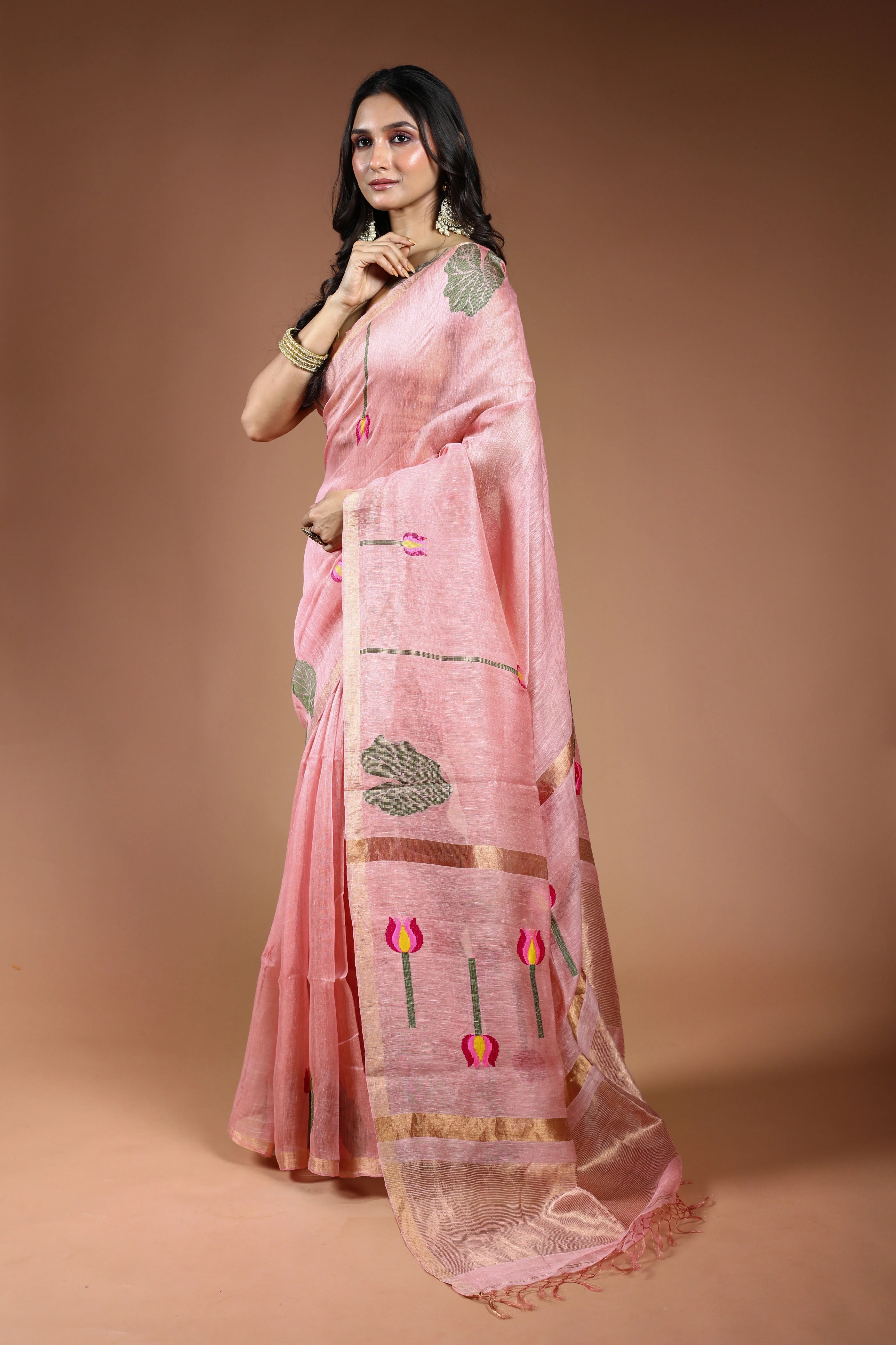 Pink Linen Tissue Saree With Blouse Piece
