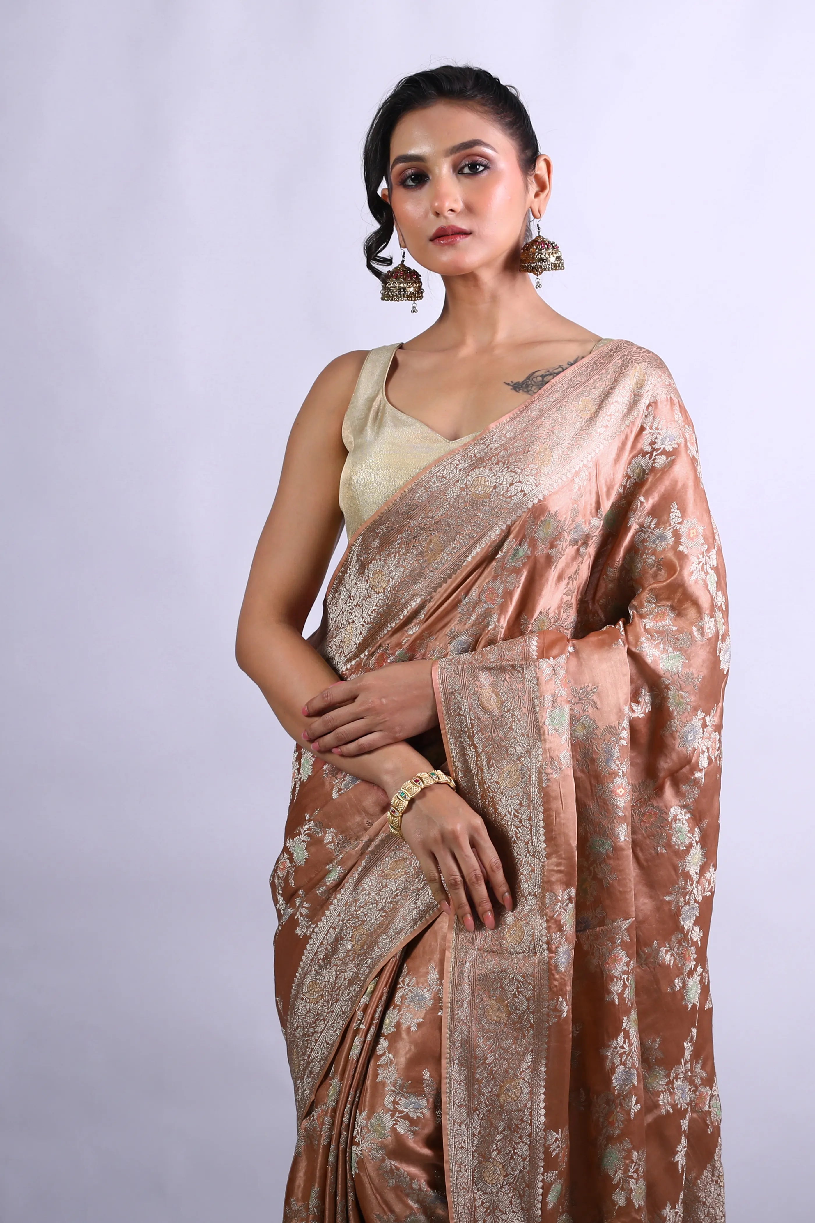 Peach Semi Mashru Saree With Blouse Piece