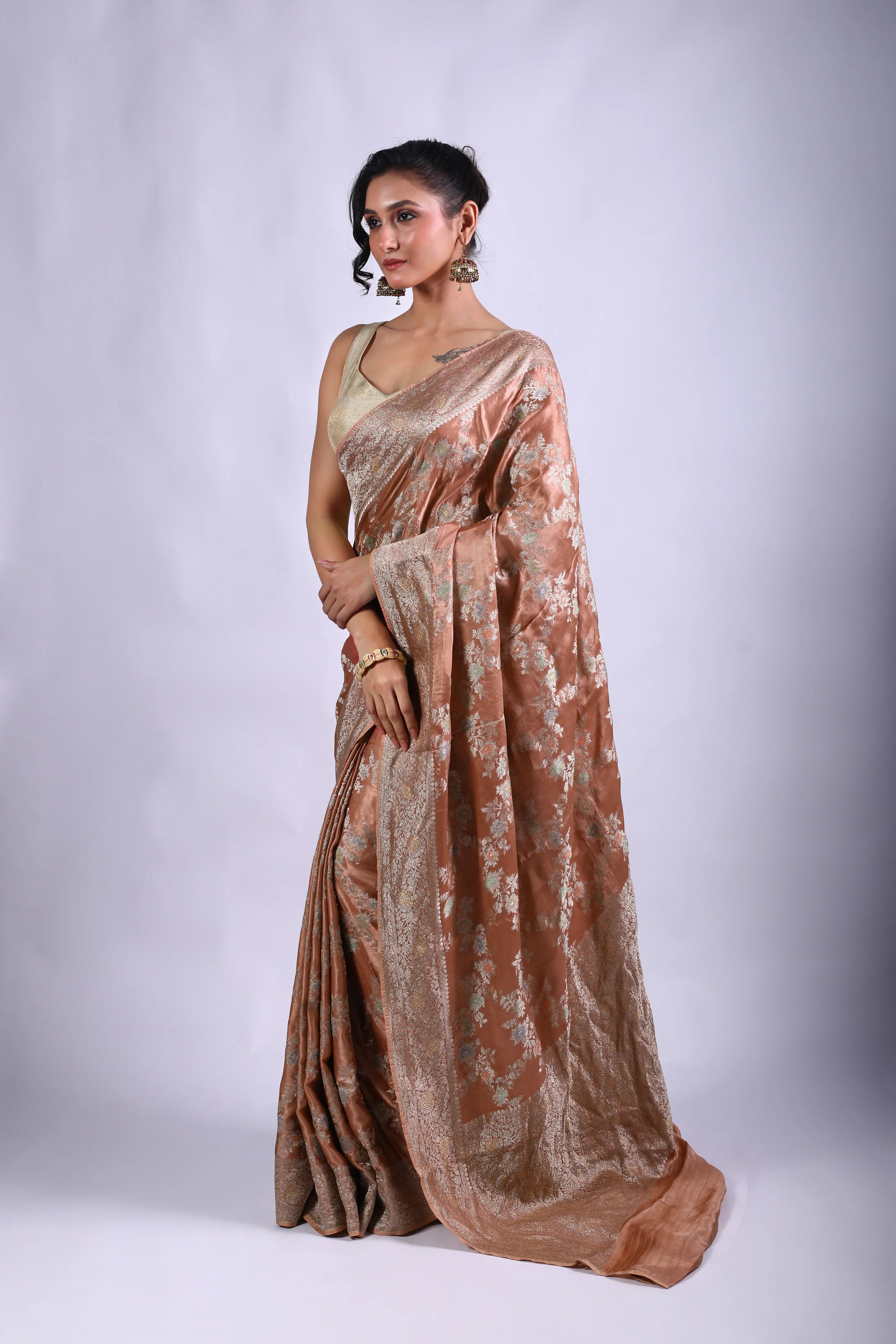 Peach Semi Mashru Saree With Blouse Piece