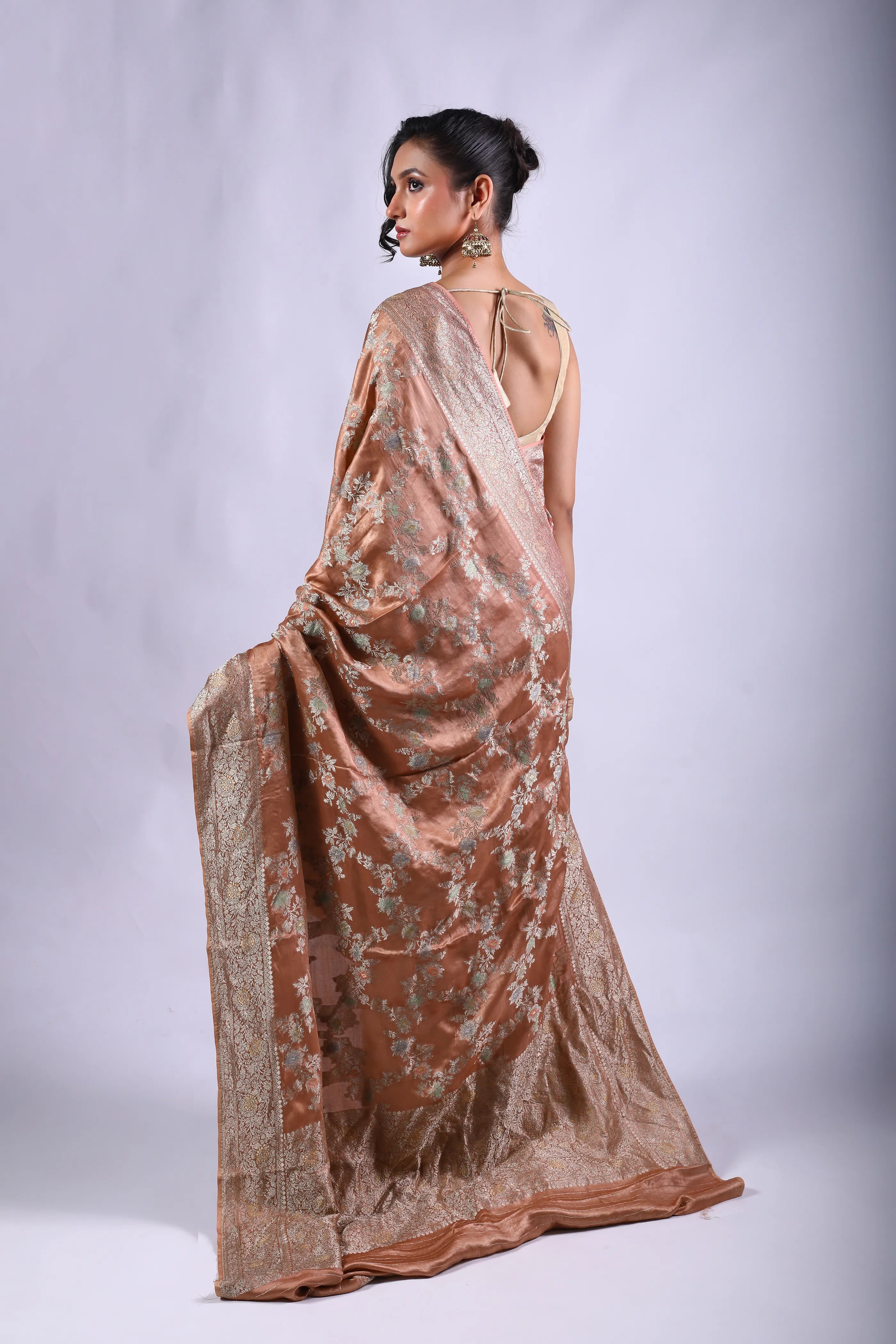 Peach Semi Mashru Saree With Blouse Piece
