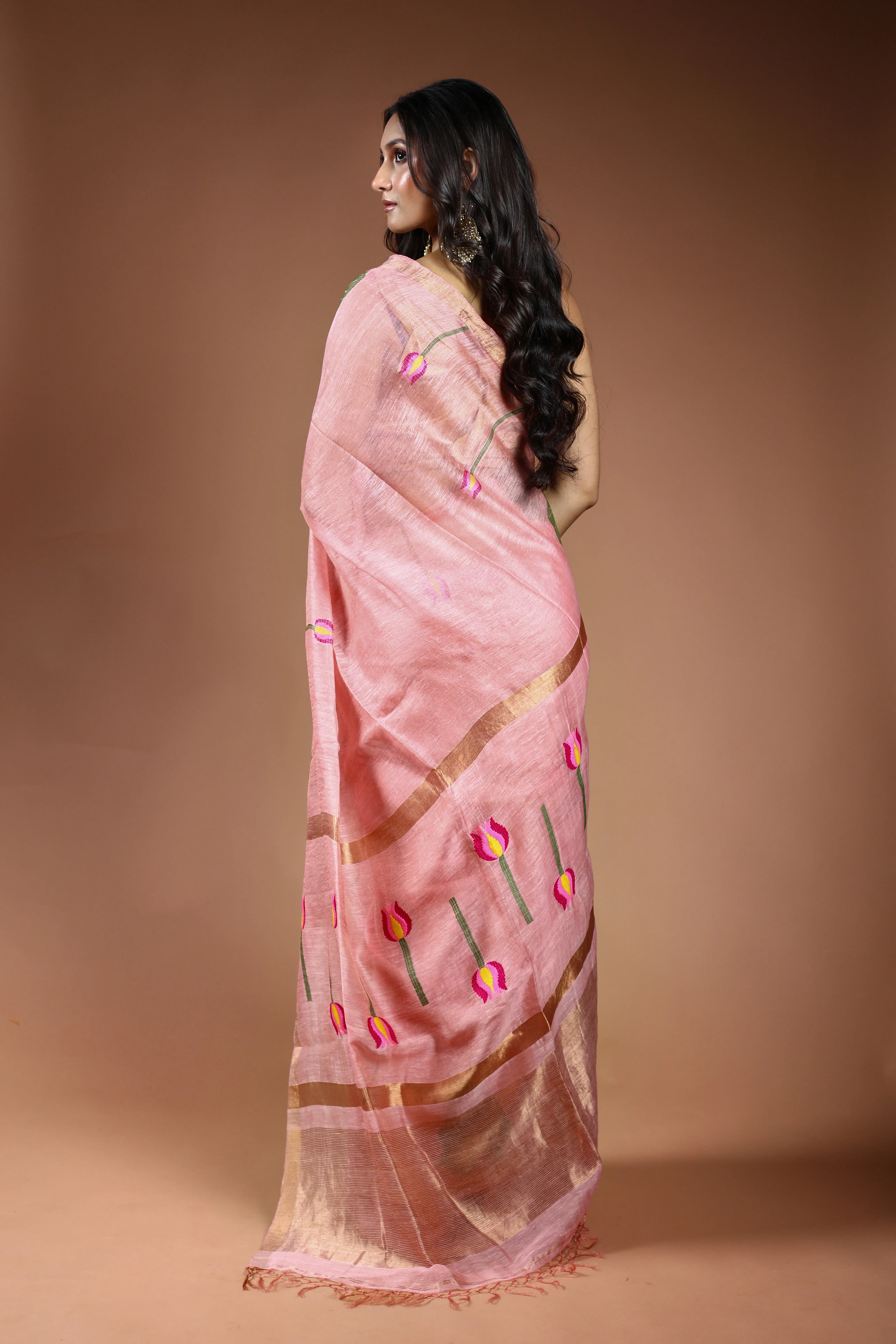 Pink Linen Tissue Saree With Blouse Piece