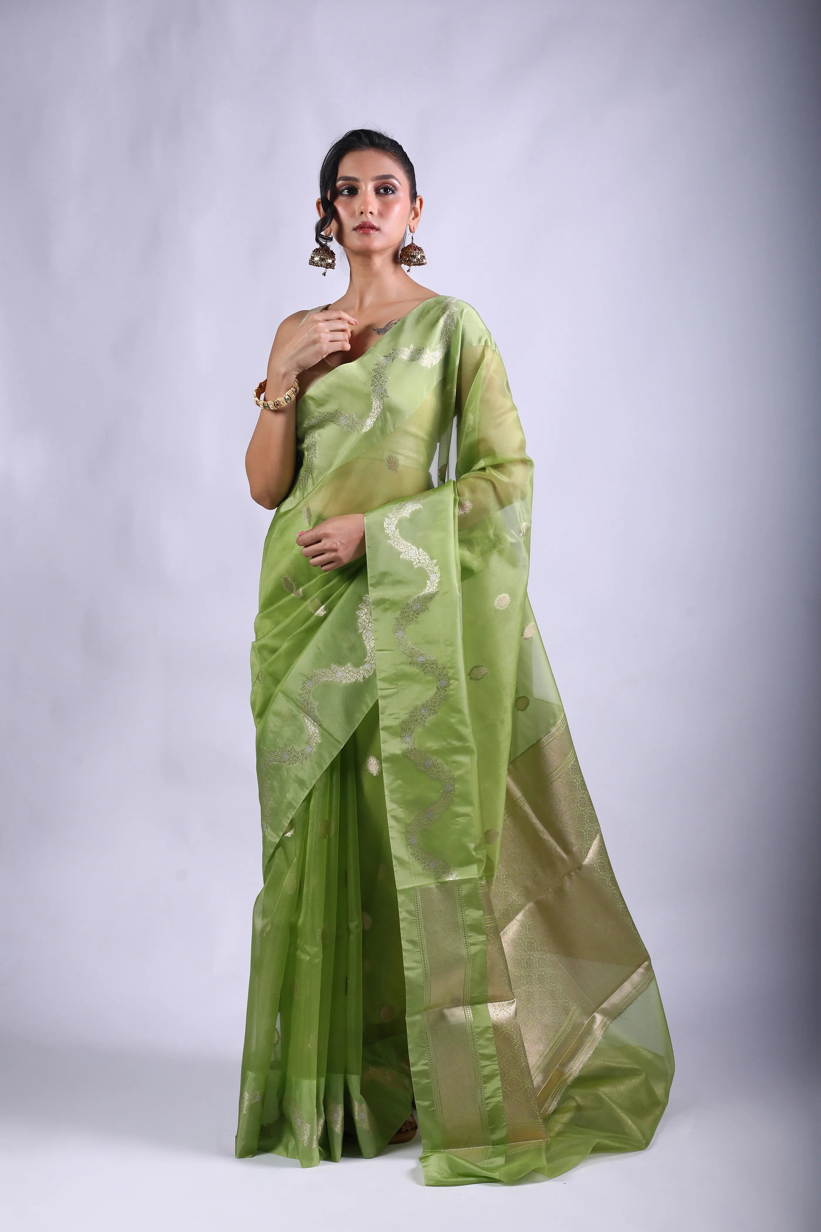 Pista Green Blended Kora Banarasi Saree With Blouse Piece