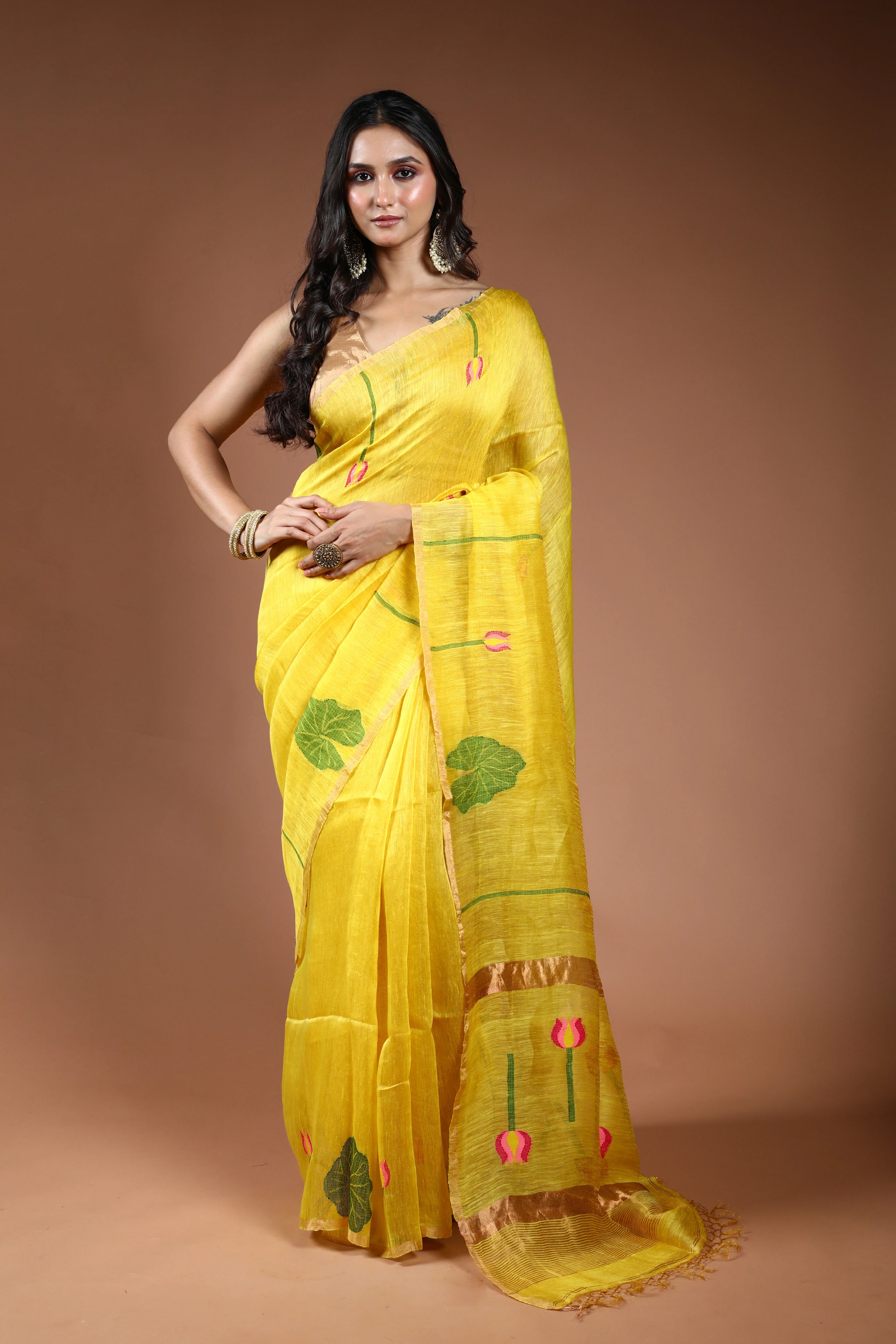 Yellow Linen Tissue Saree With Blouse Piece