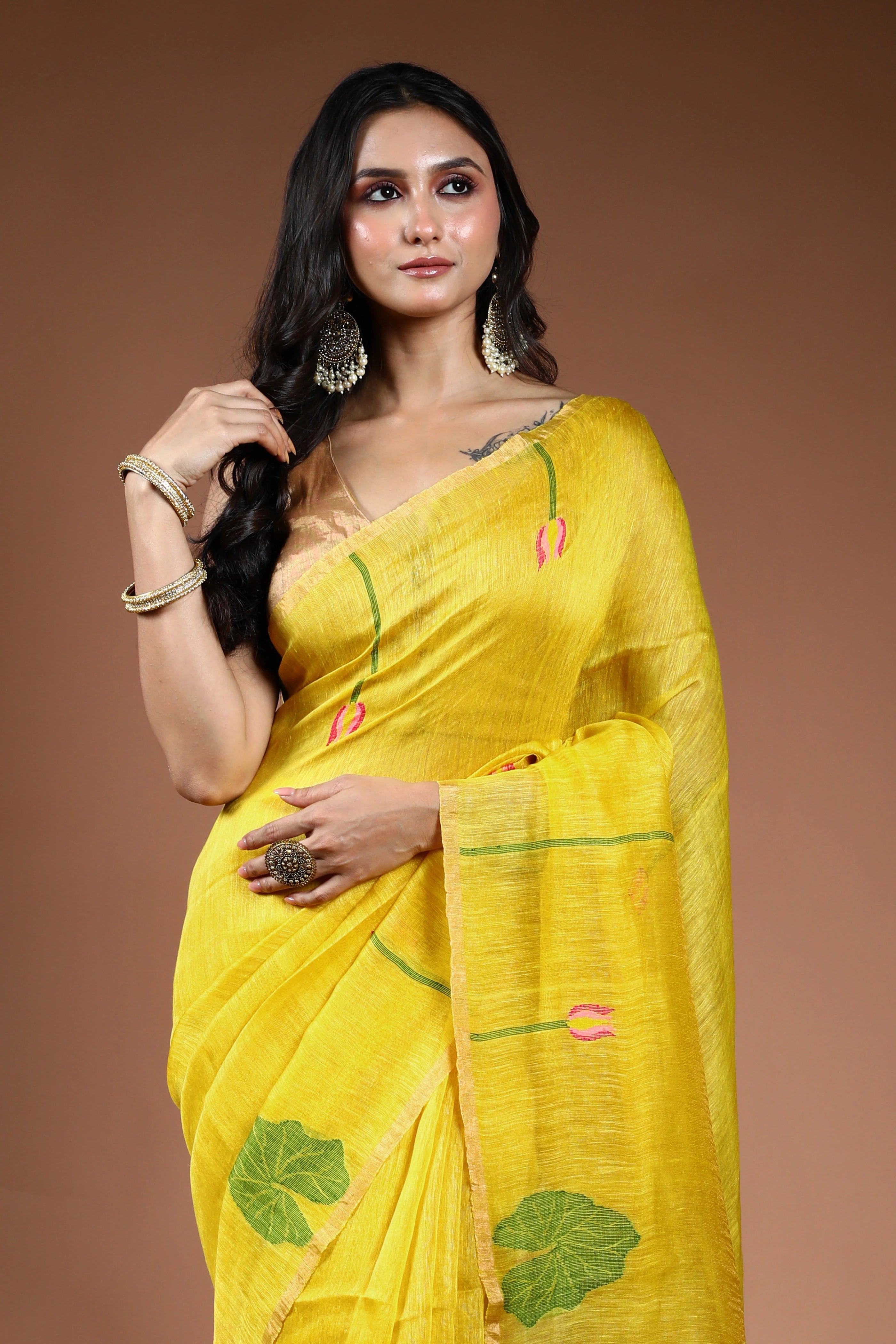 Yellow Linen Tissue Saree With Blouse Piece
