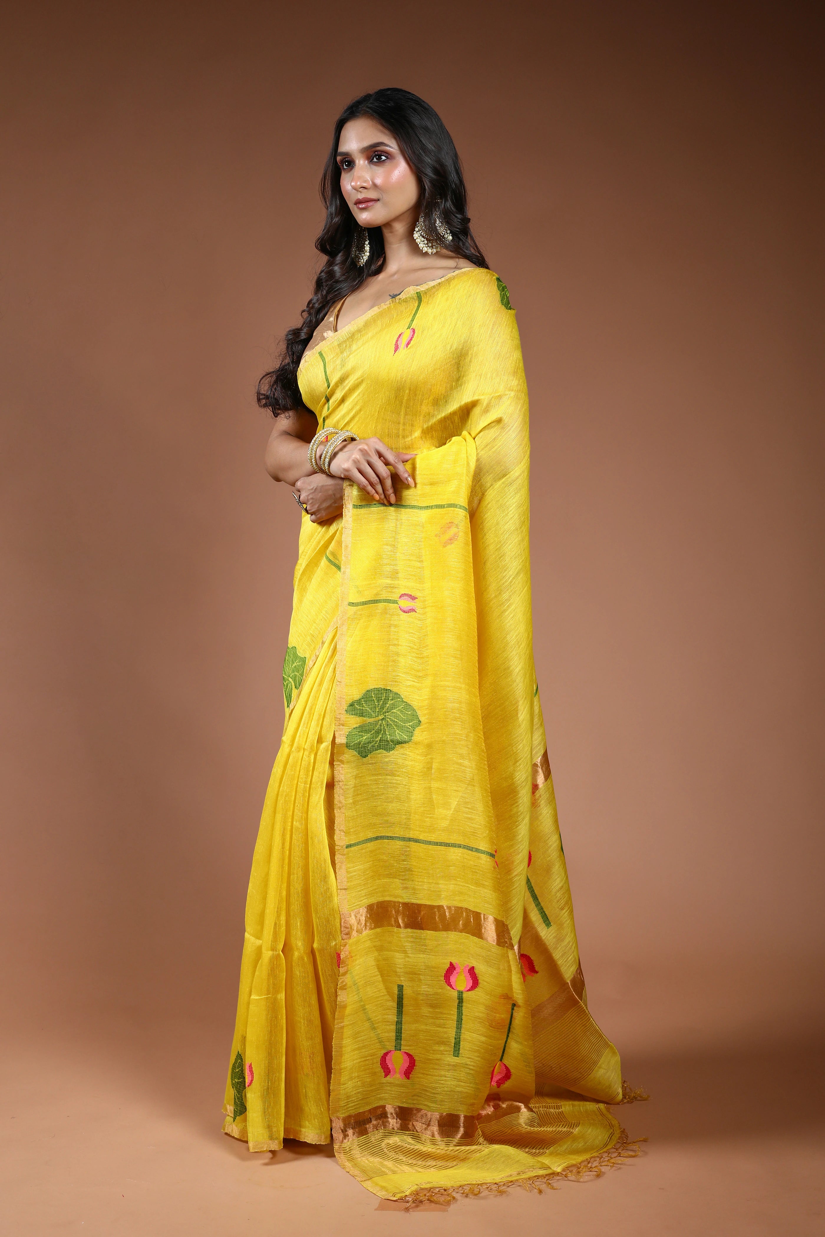 Yellow Linen Tissue Saree With Blouse Piece