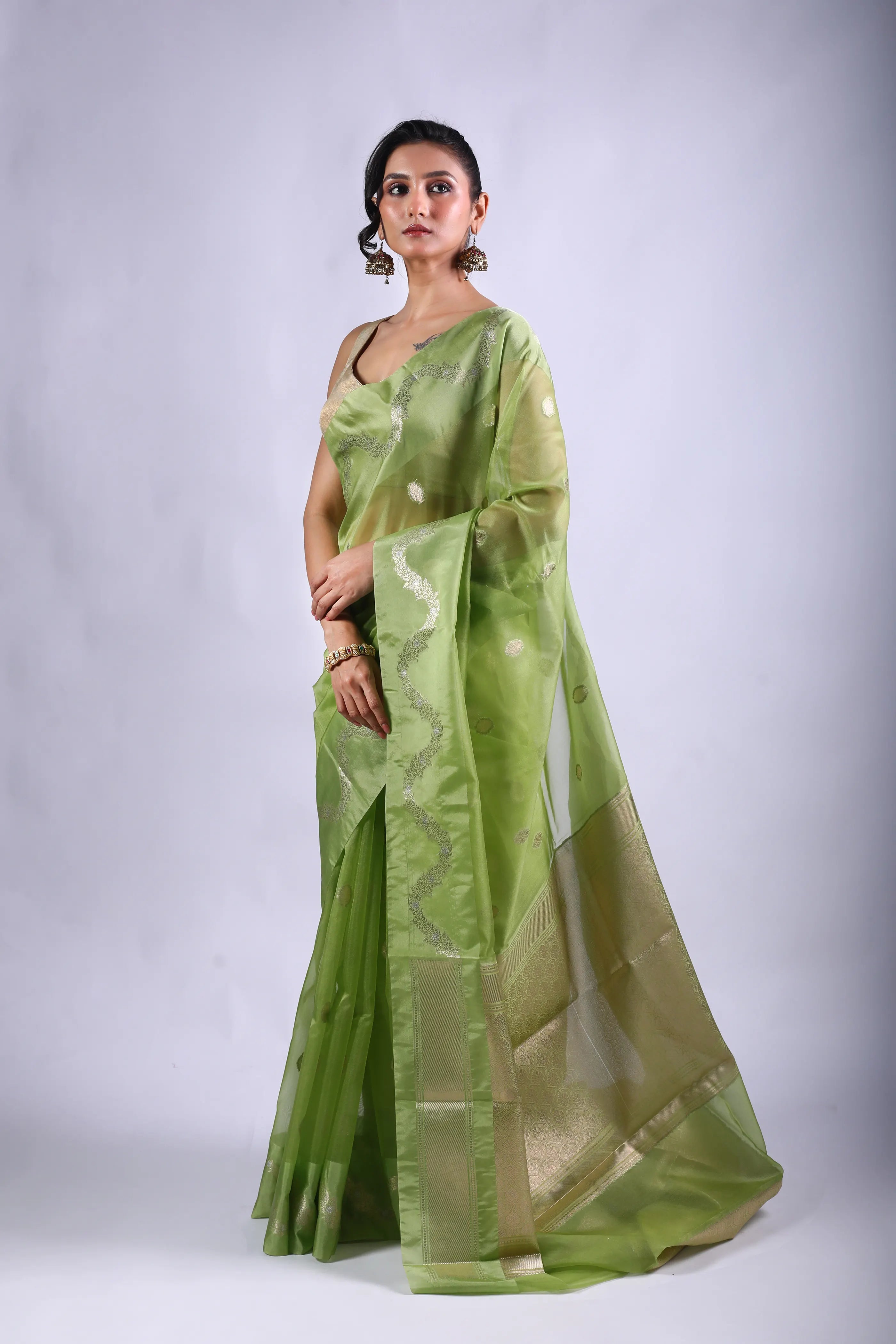 Pista Green Blended Kora Banarasi Saree With Blouse Piece