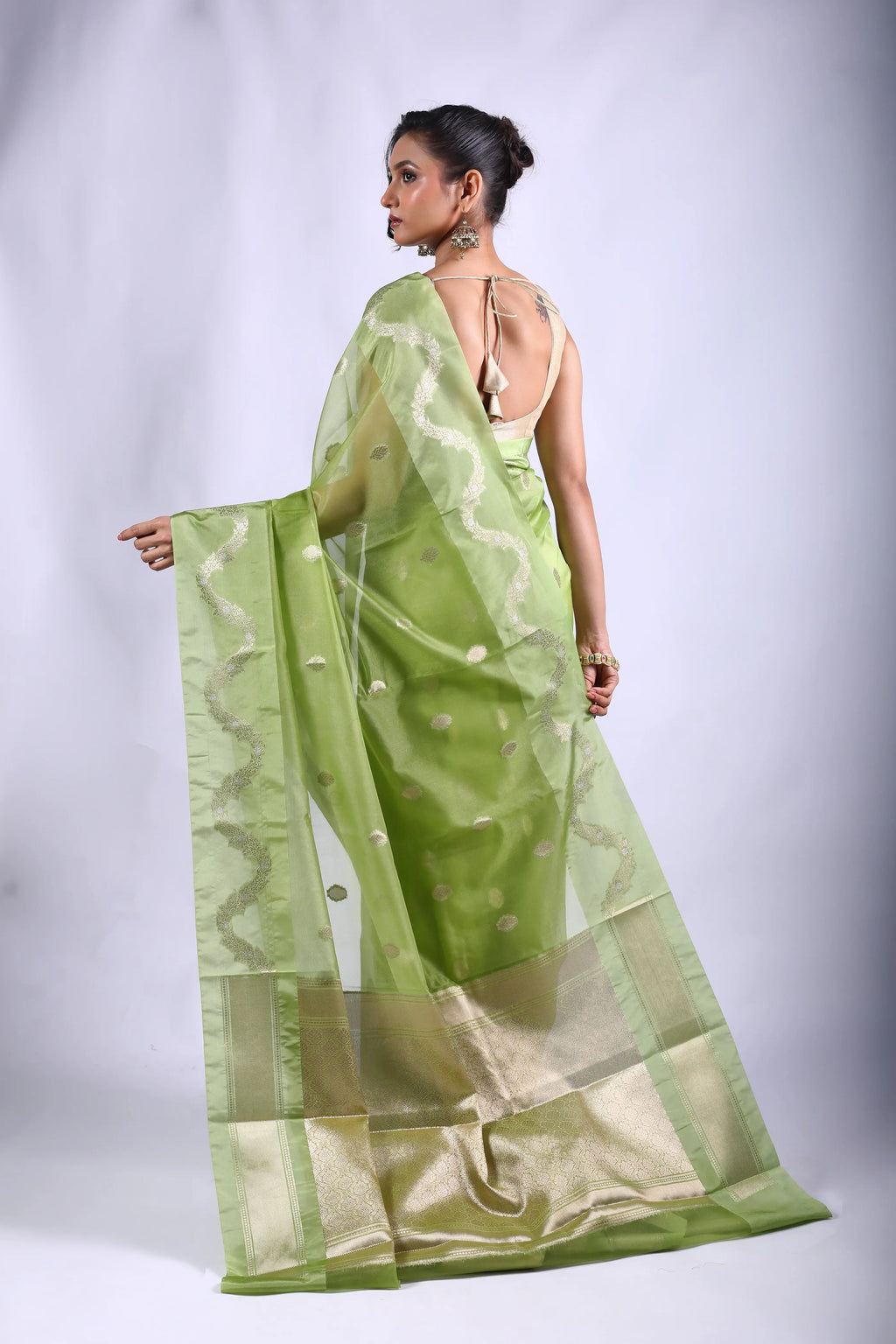 Pista Green Blended Kora Banarasi Saree With Blouse Piece