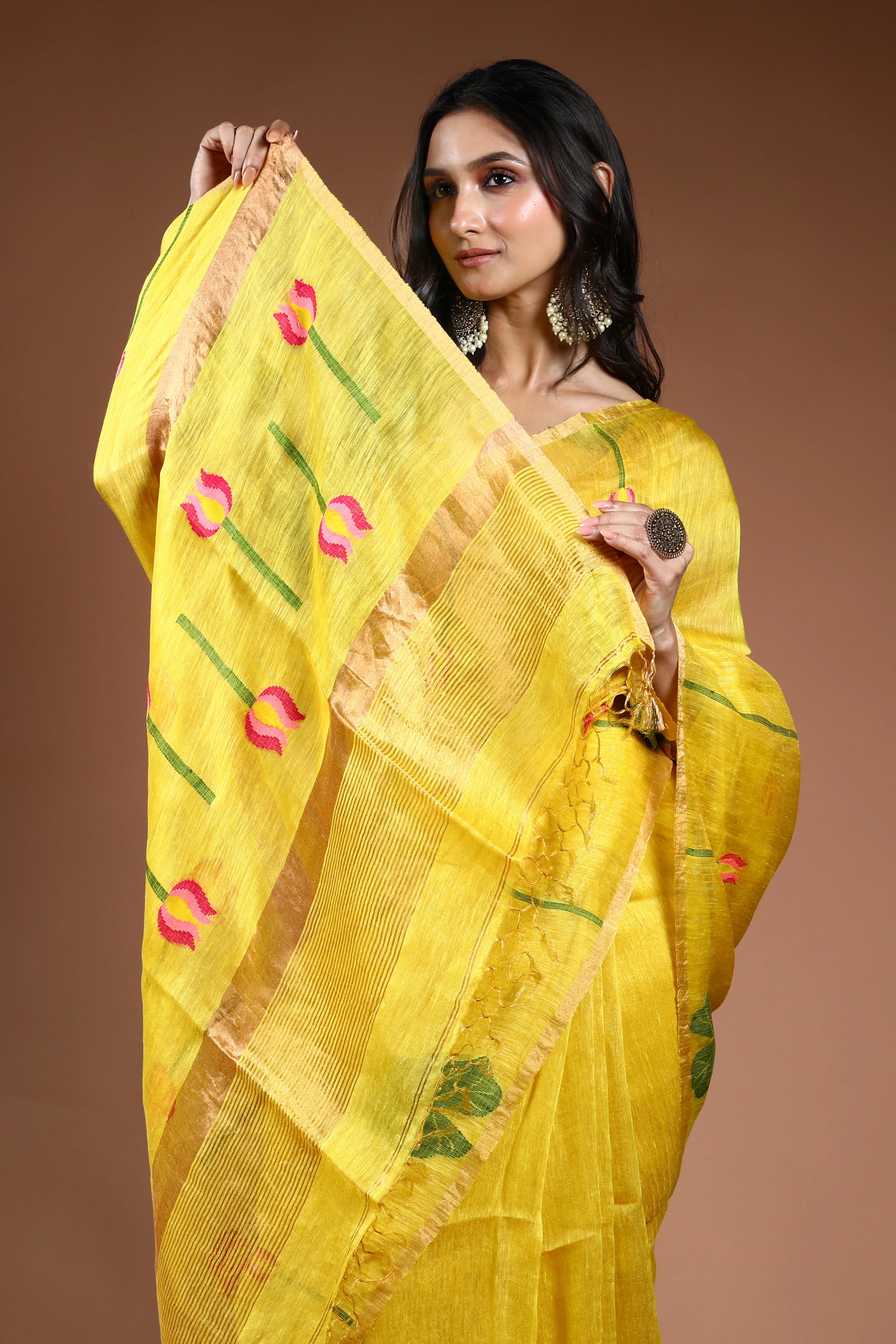 Yellow Linen Tissue Saree With Blouse Piece