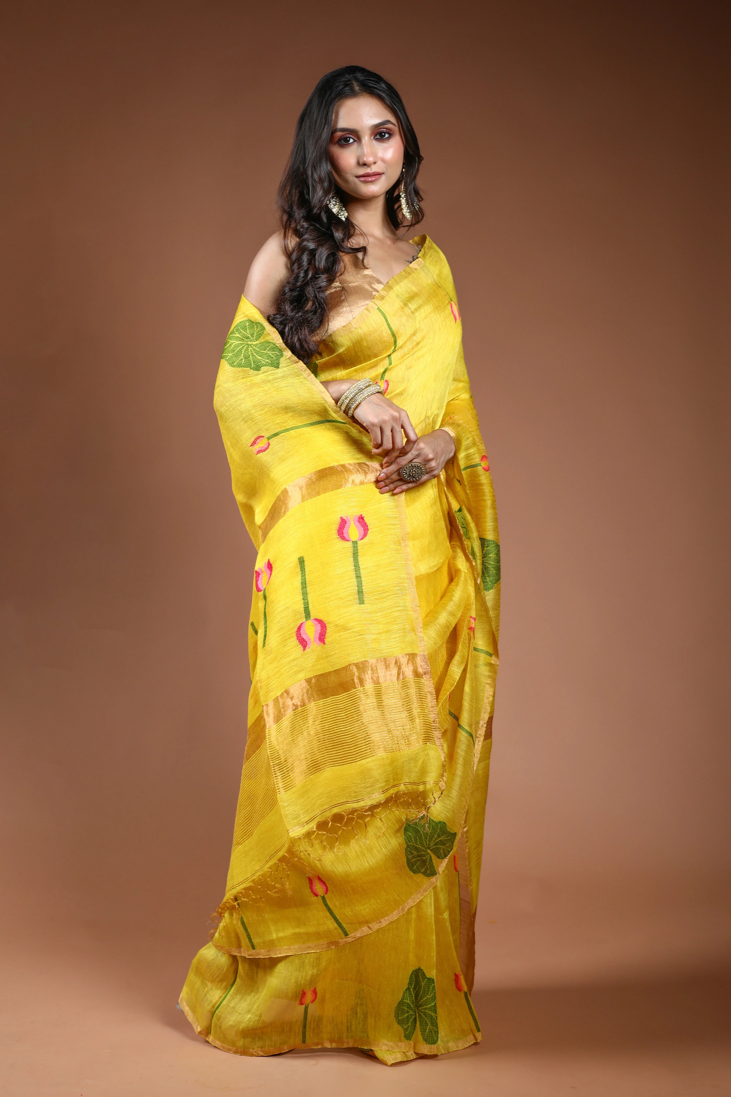 Yellow Linen Tissue Saree With Blouse Piece