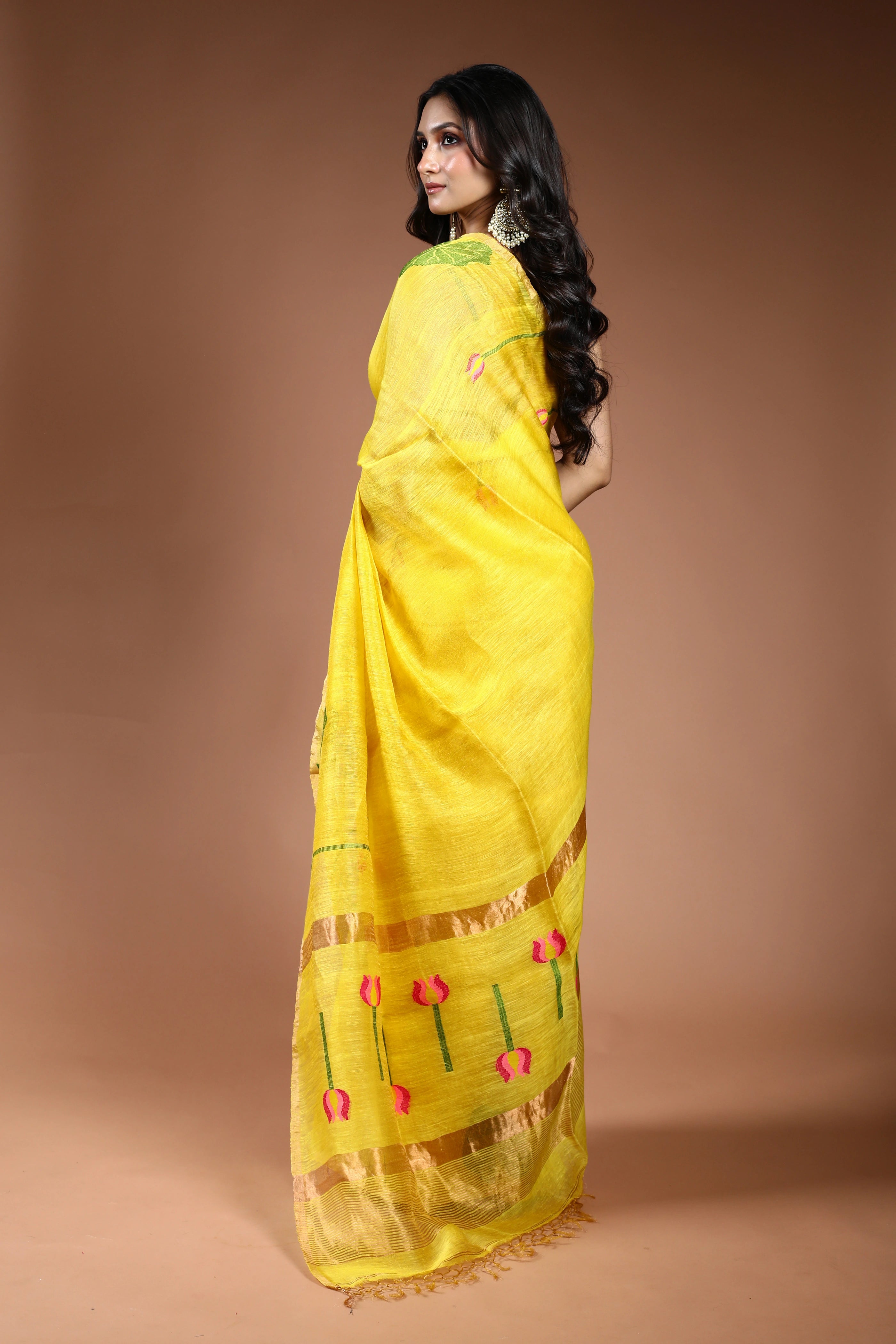 Yellow Linen Tissue Saree With Blouse Piece
