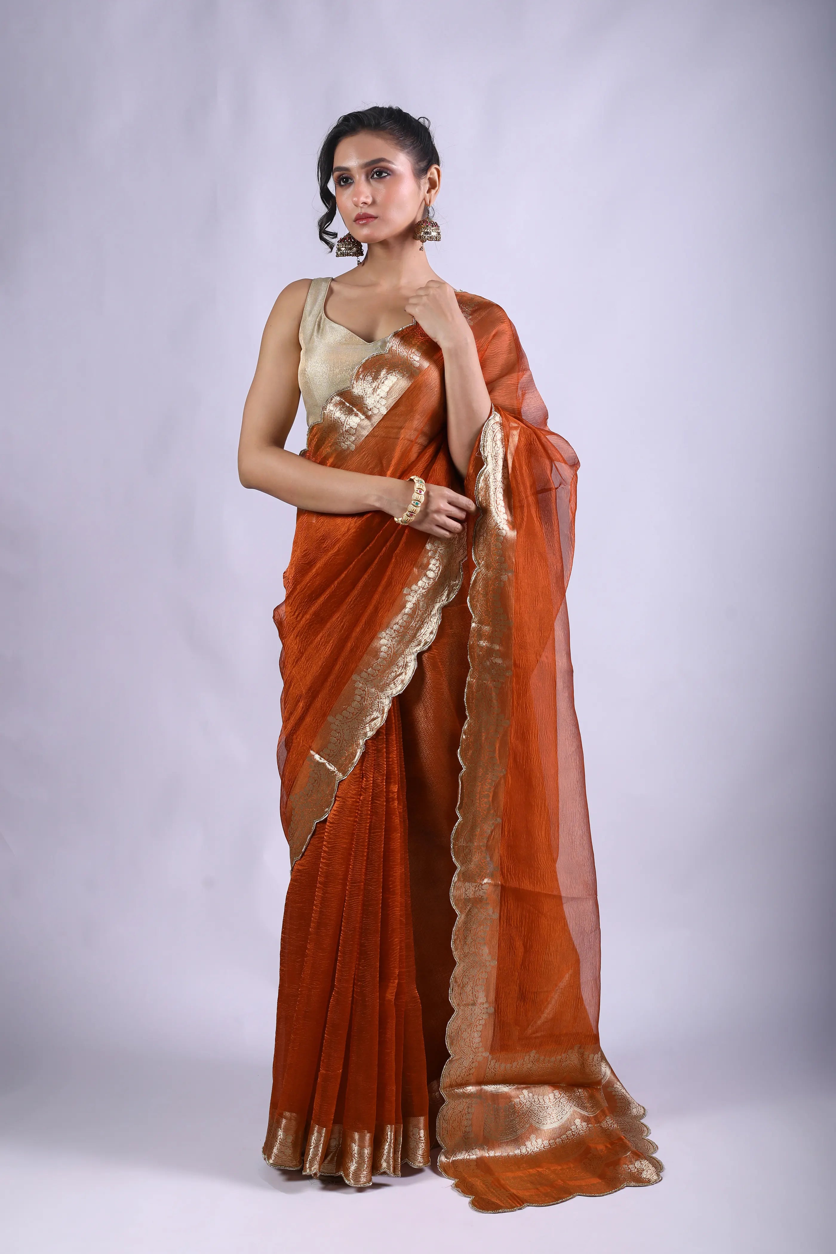 Rust Orange Tissue Banarasi Saree With Blouse Piece