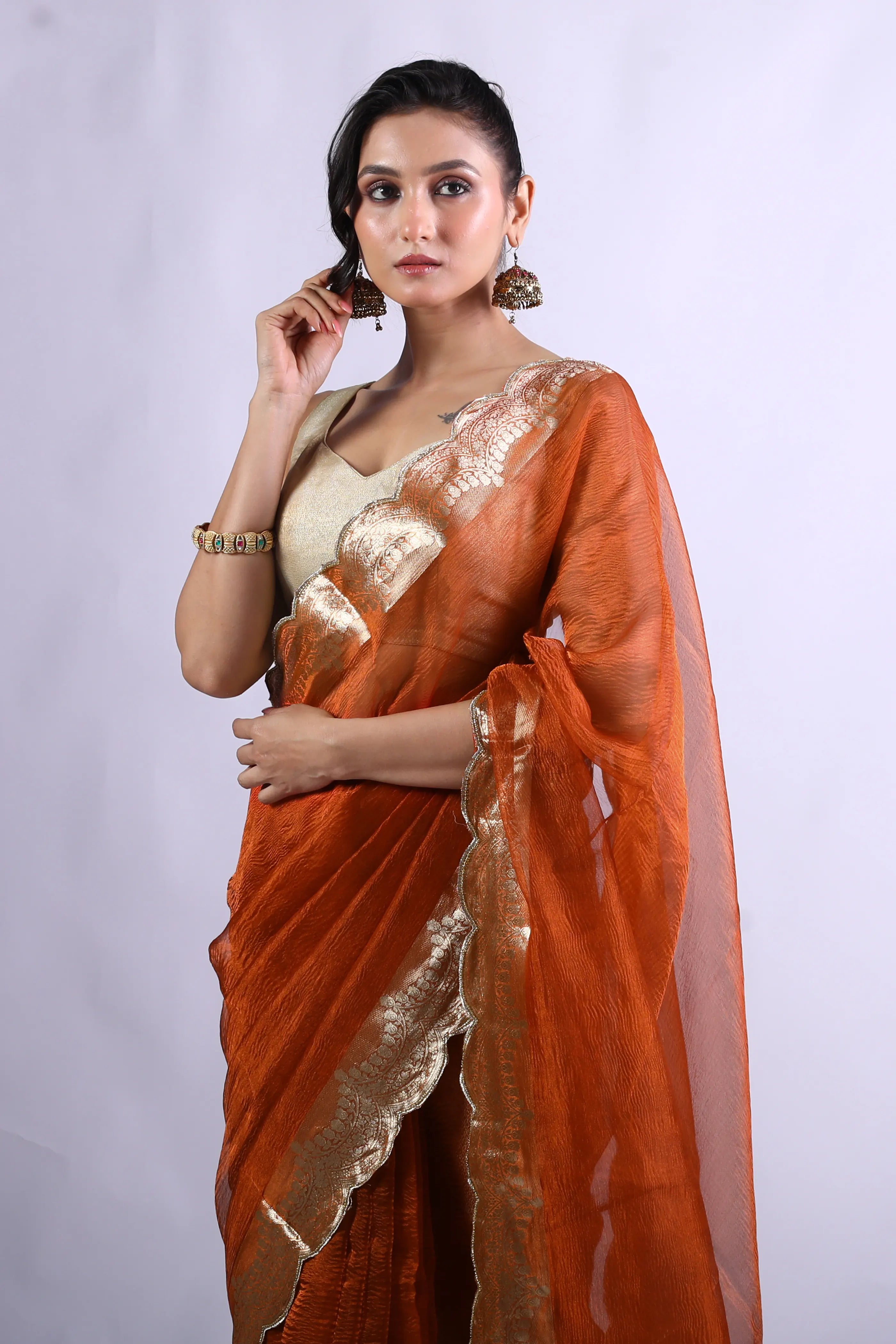 Rust Orange Tissue Banarasi Saree With Blouse Piece