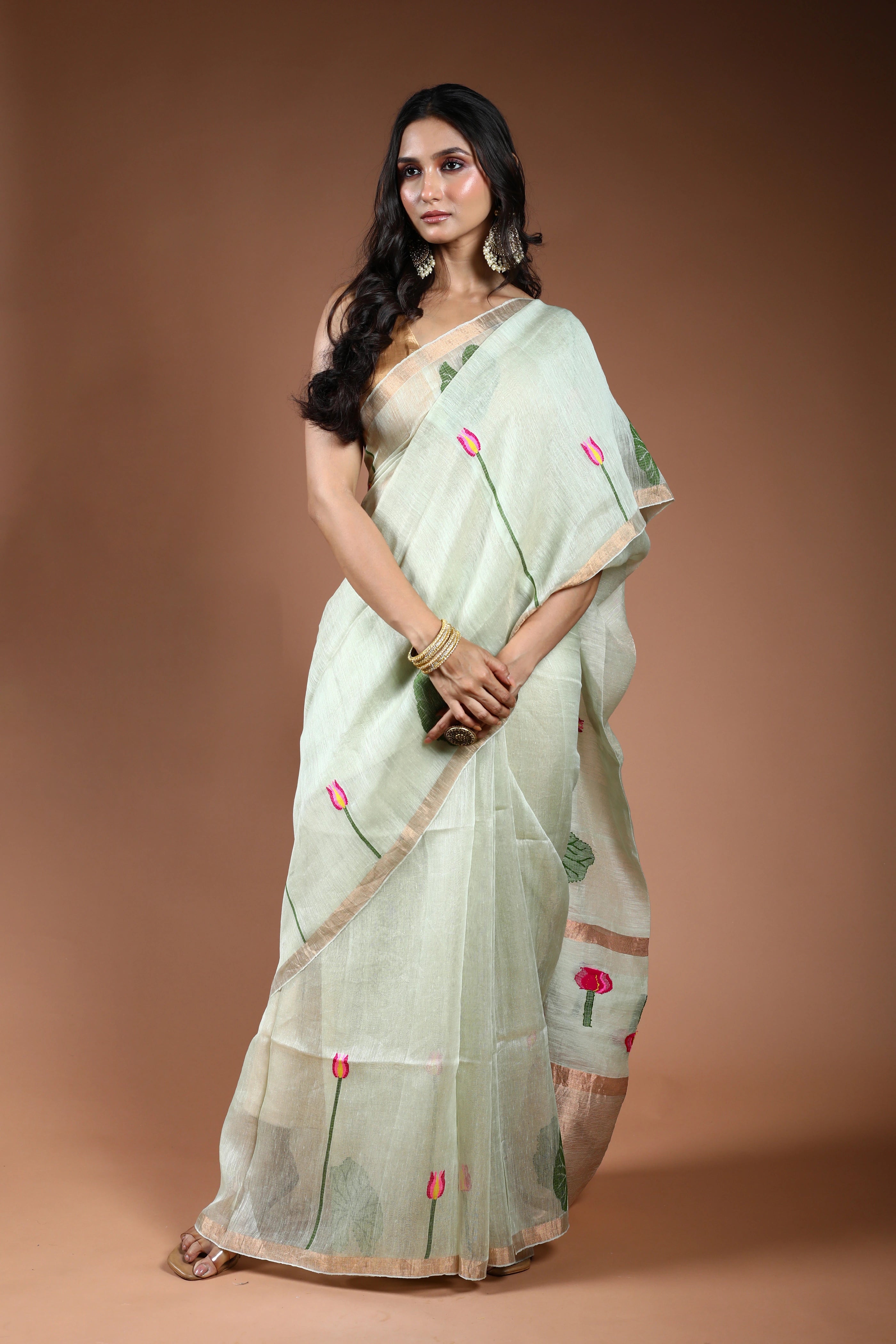 Pale Mint Green Linen Tissue Saree With Blouse Piece