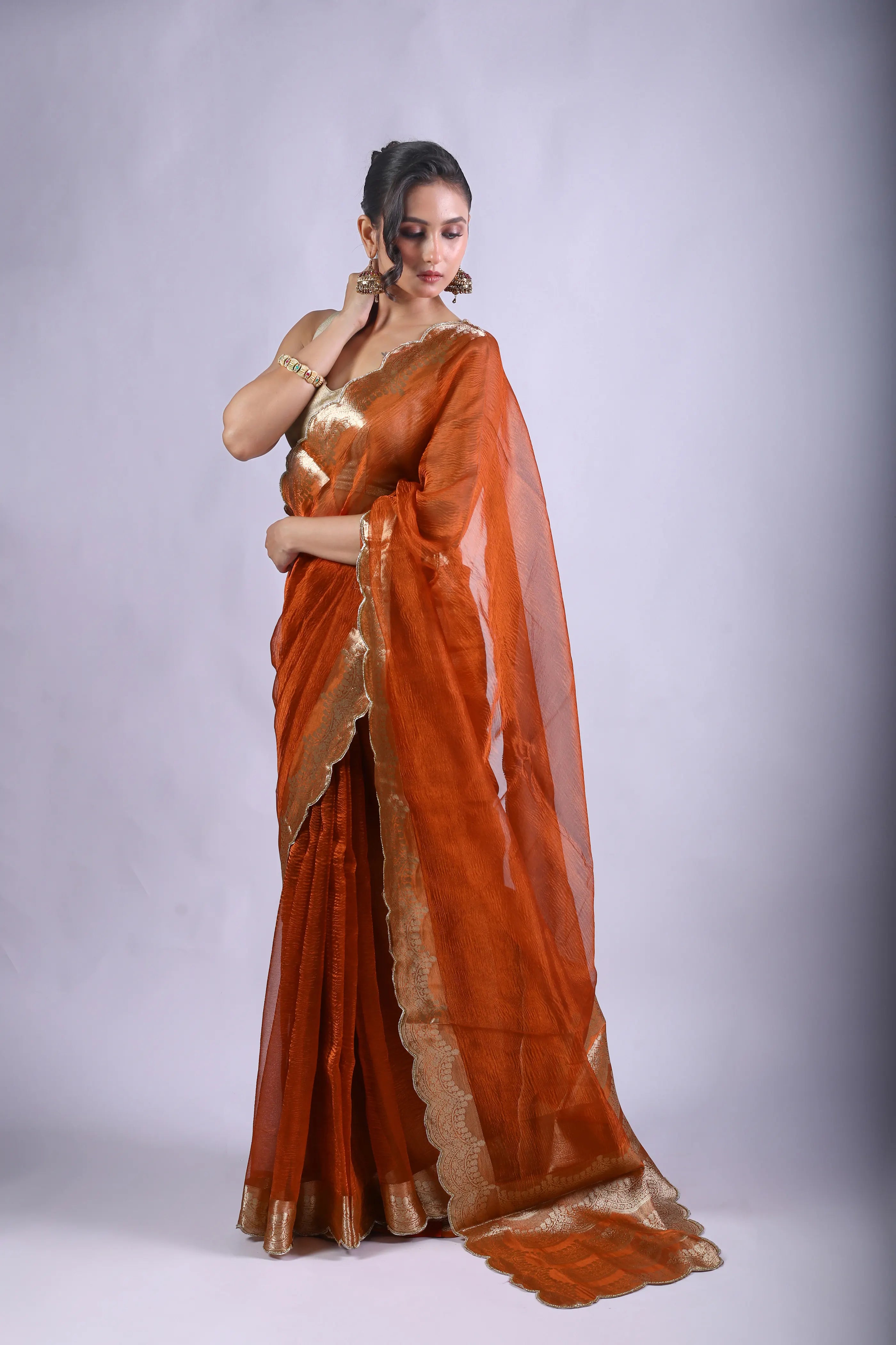 Rust Orange Tissue Banarasi Saree With Blouse Piece