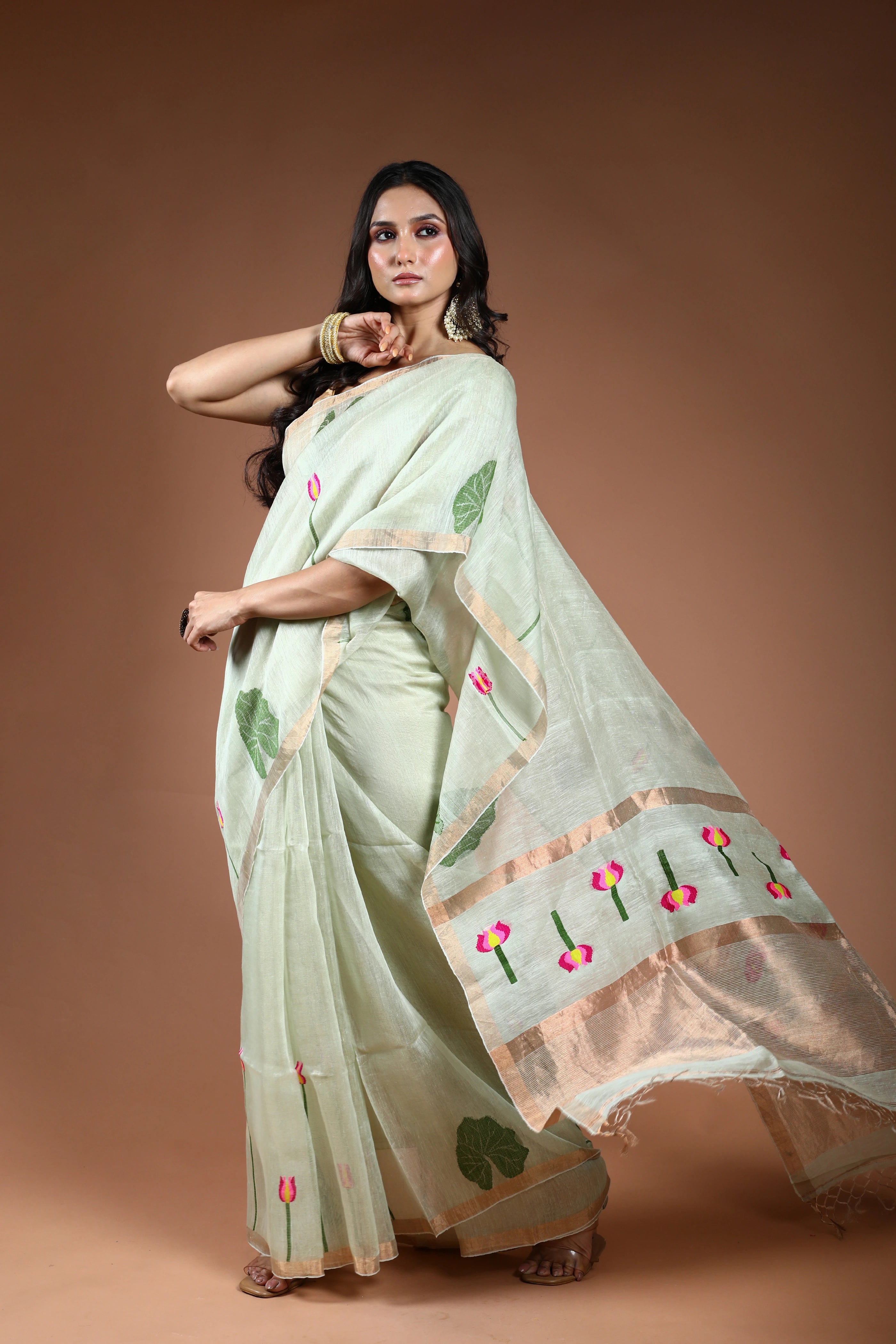 Pale Mint Green Linen Tissue Saree With Blouse Piece