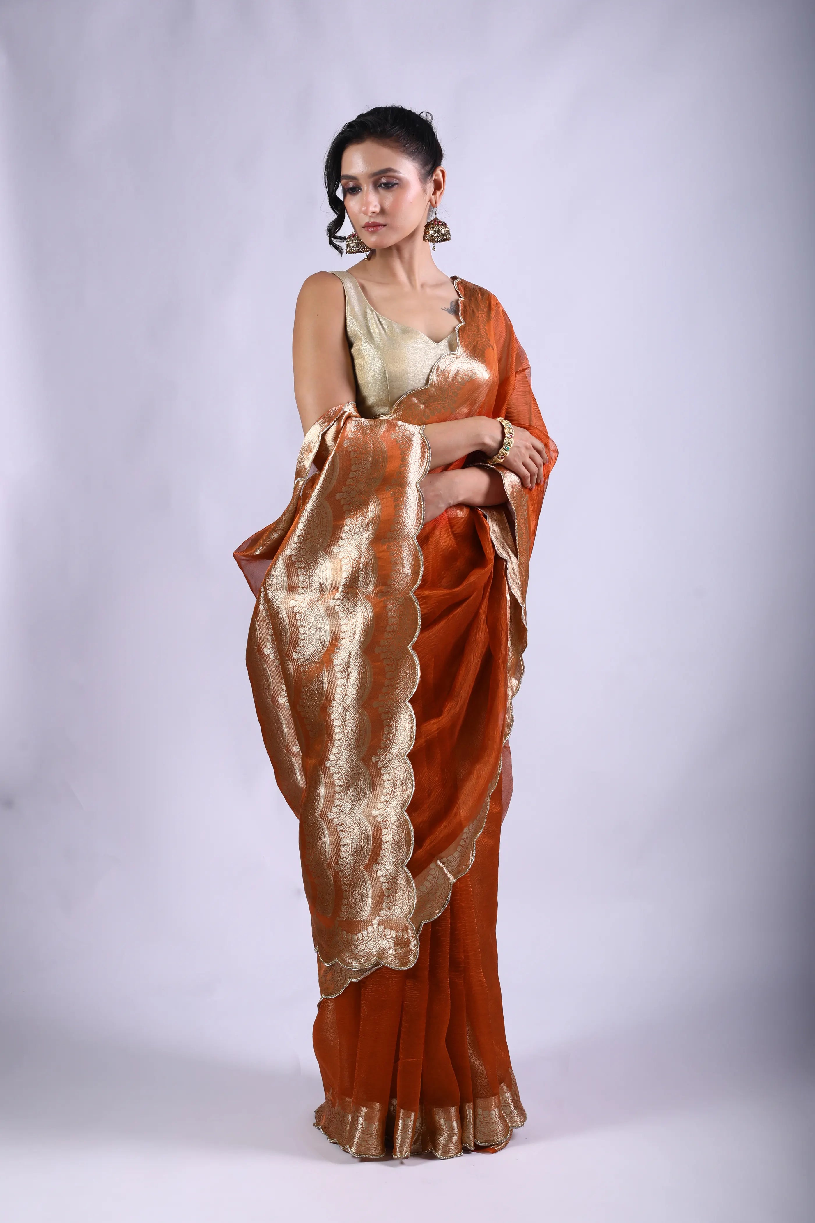 Rust Orange Tissue Banarasi Saree With Blouse Piece