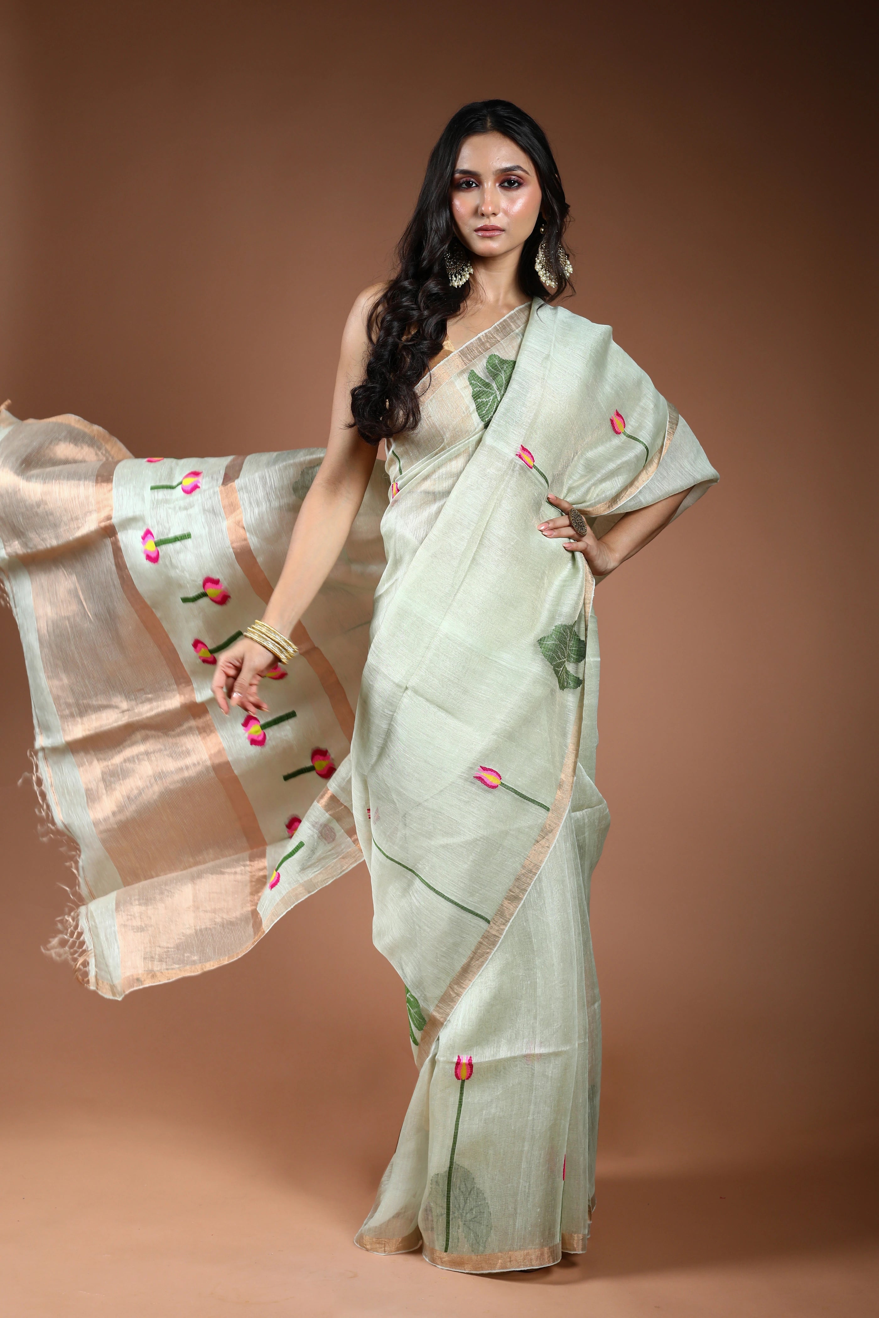 Pale Mint Green Linen Tissue Saree With Blouse Piece