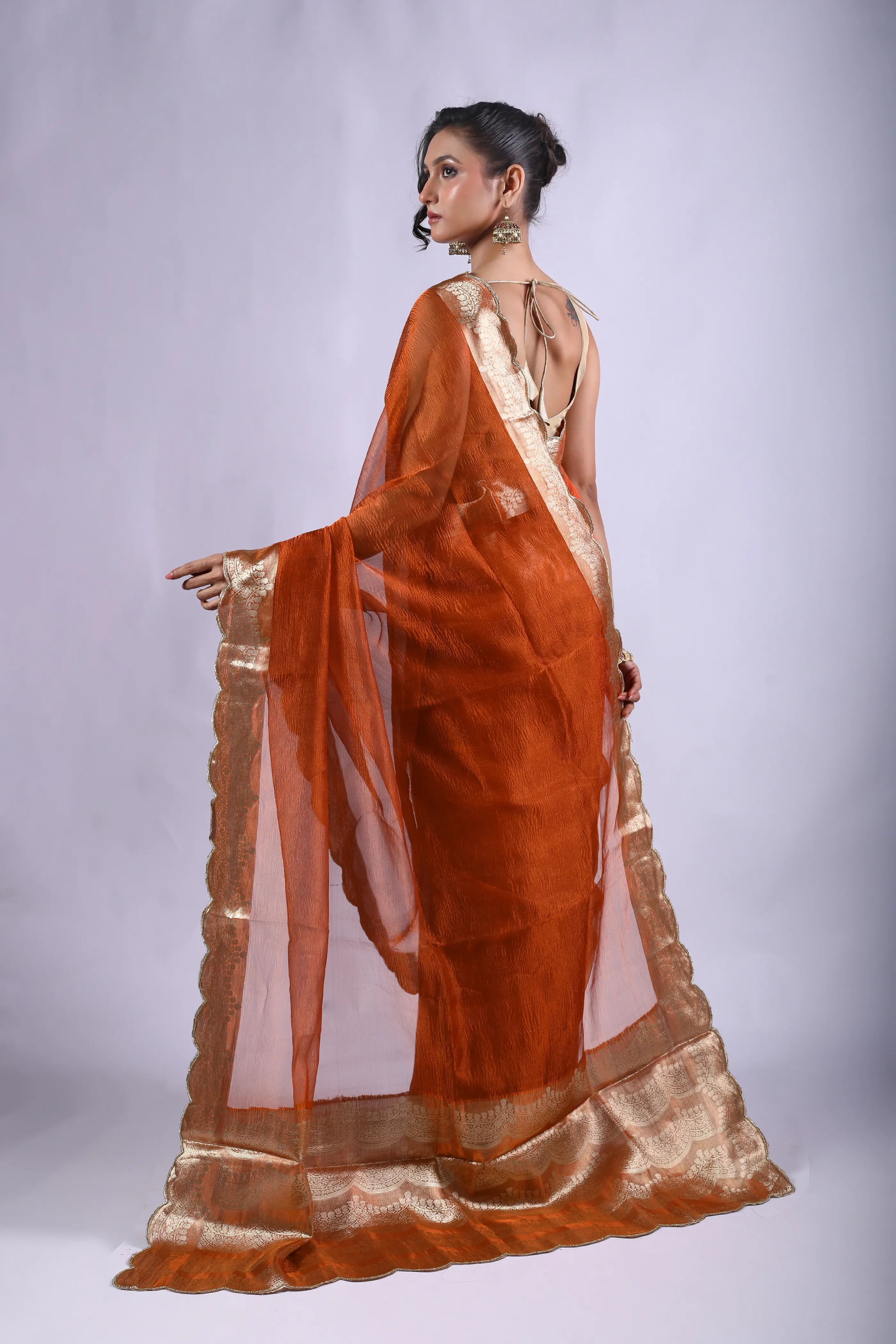 Rust Orange Tissue Banarasi Saree With Blouse Piece