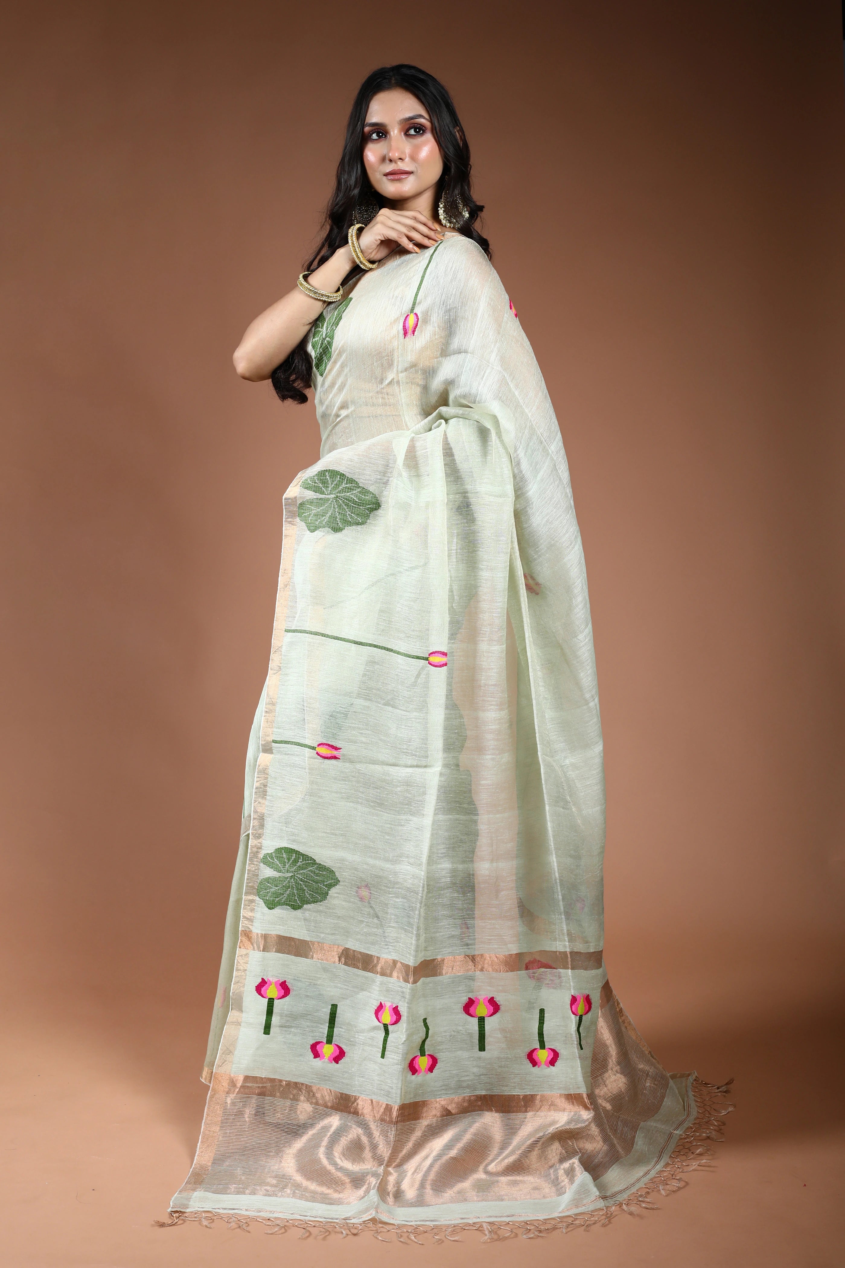 Pale Mint Green Linen Tissue Saree With Blouse Piece