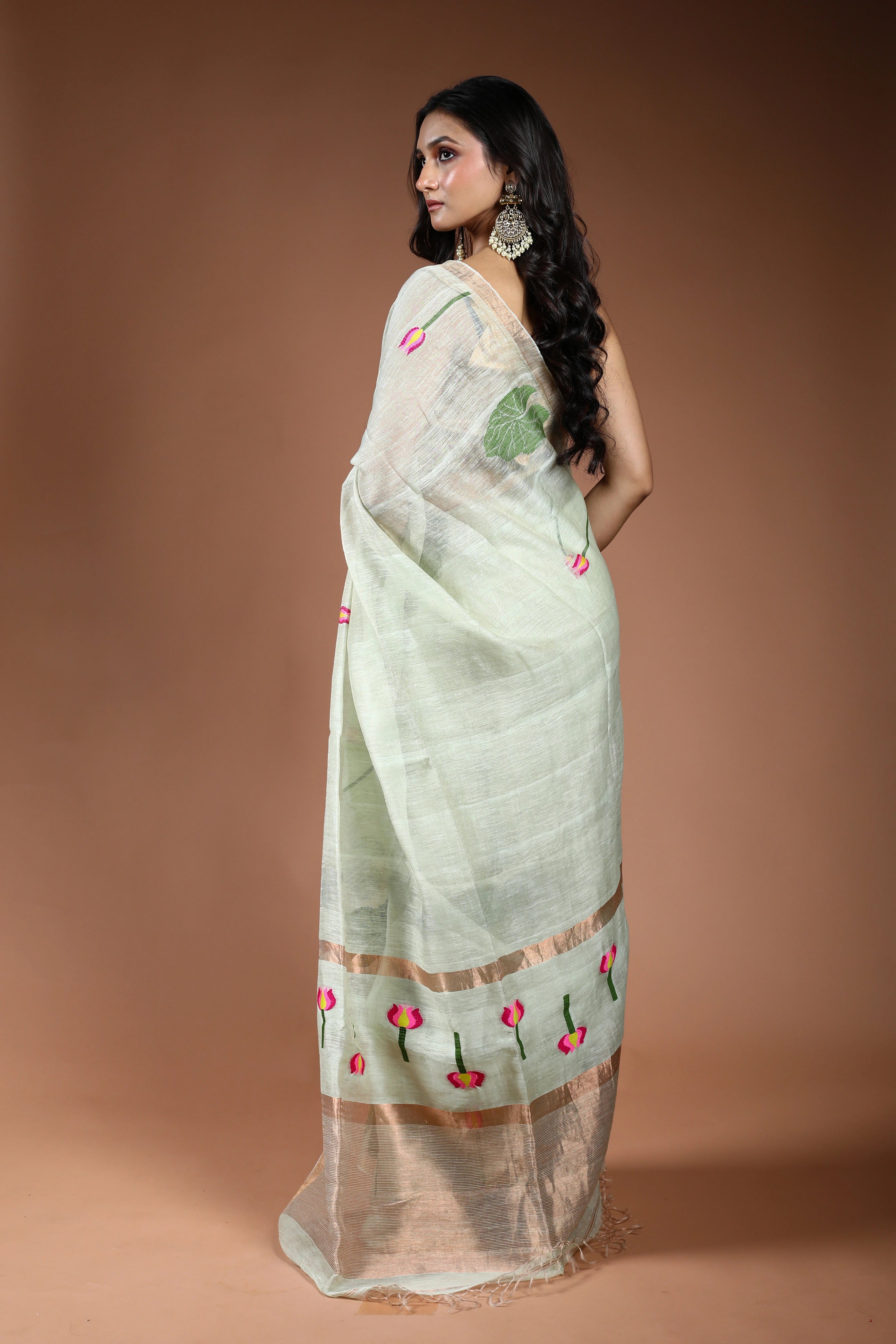 Pale Mint Green Linen Tissue Saree With Blouse Piece
