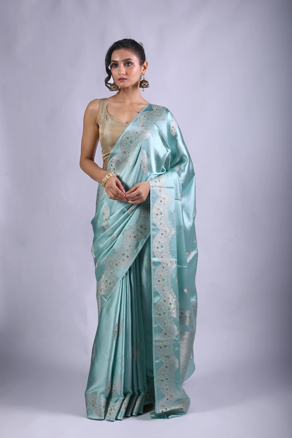 Powder Blue Blended Mashru Banarasi Saree With Blouse Piece