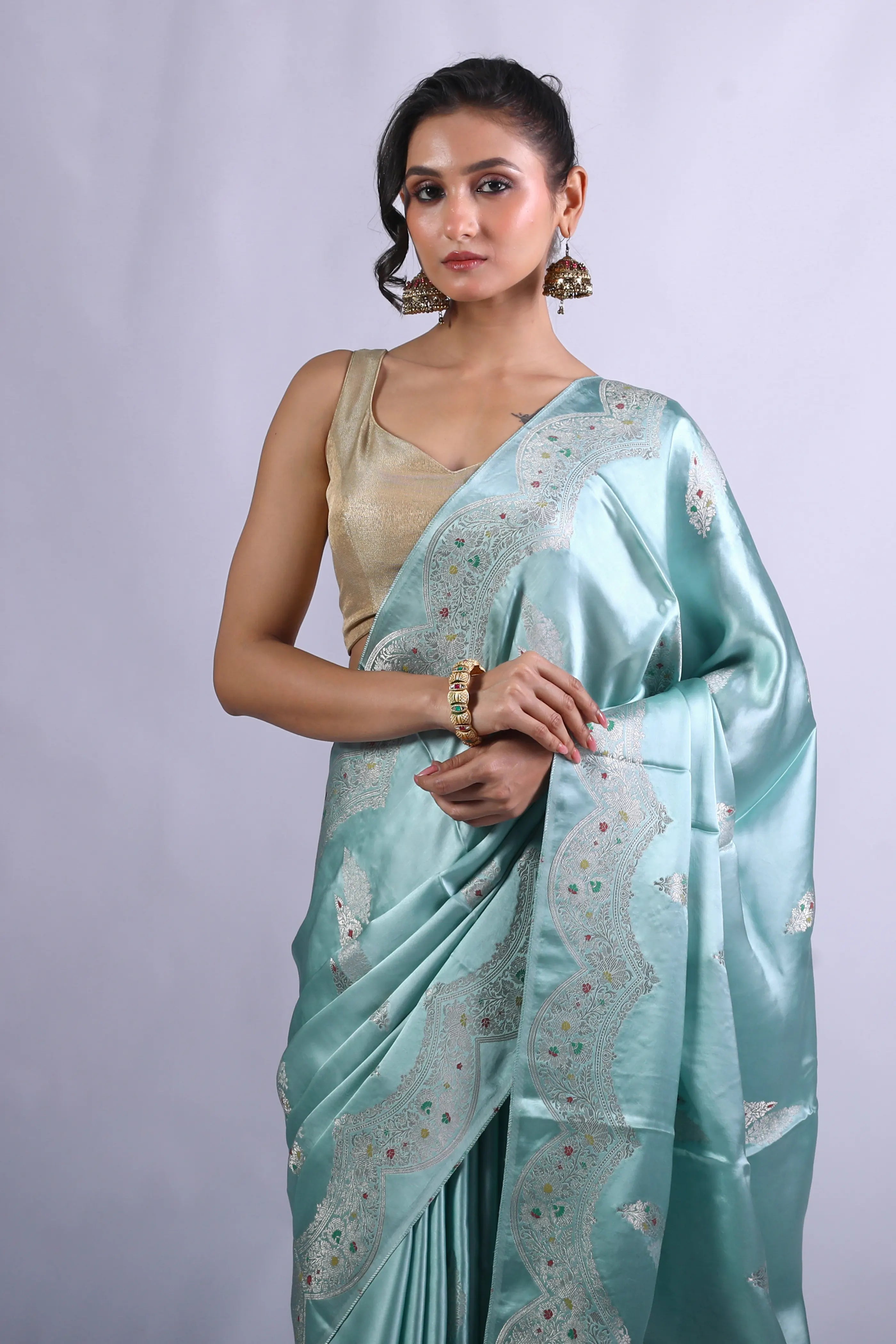 Powder Blue Blended Mashru Banarasi Saree With Blouse Piece