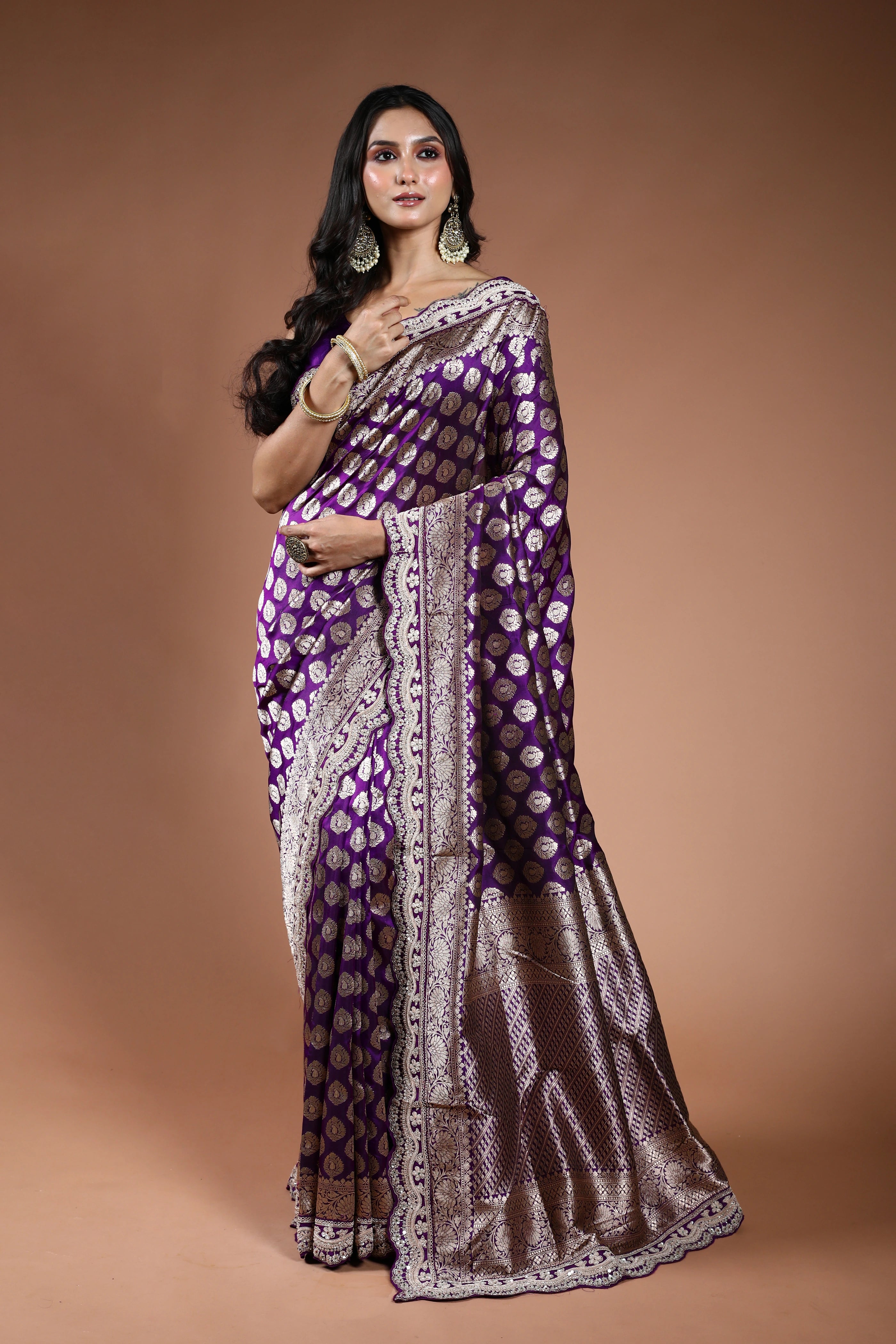 Purple Exclusive Katan Zardosi Work Saree With Blouse Piece
