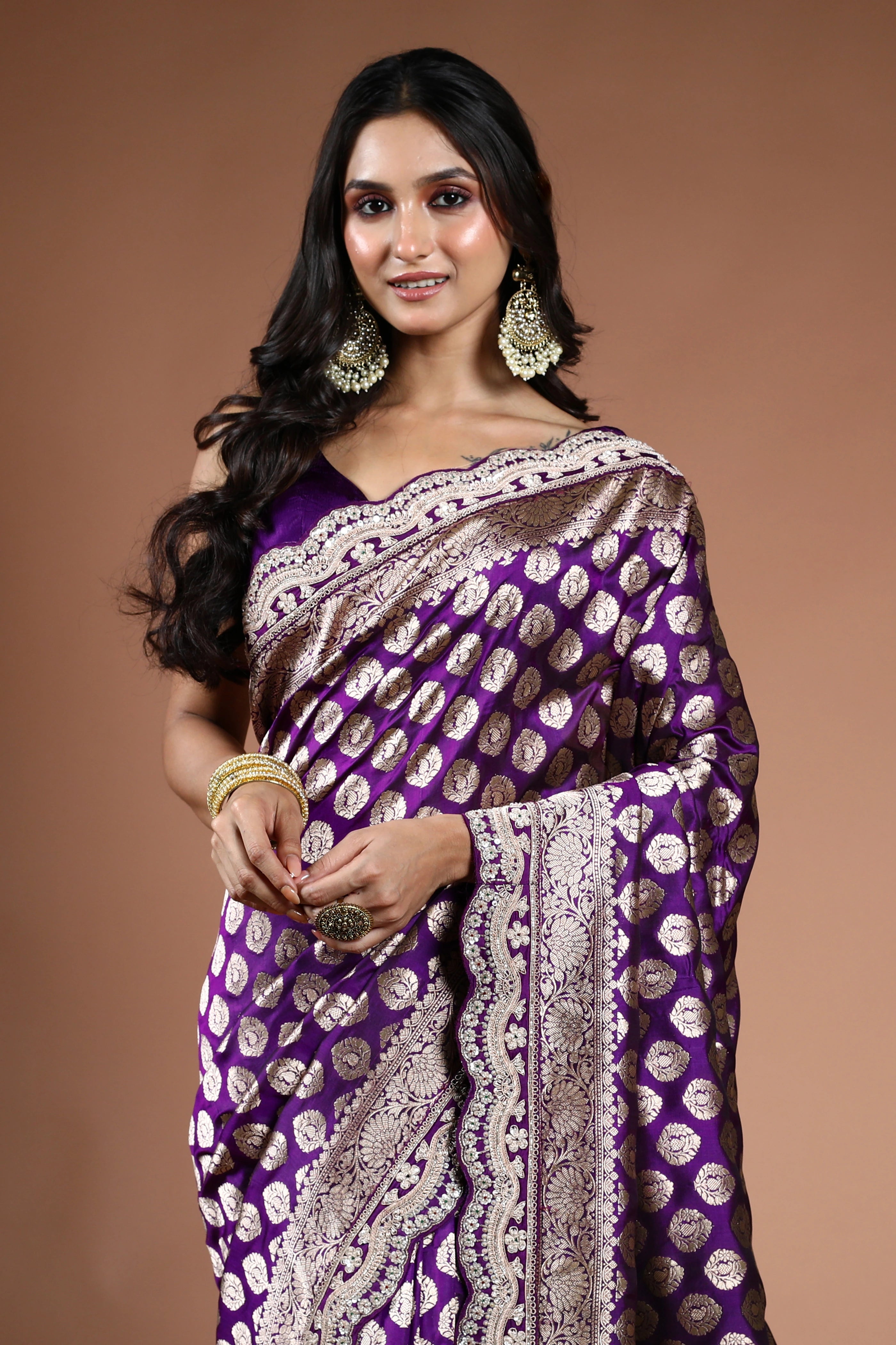 Purple Exclusive Katan Zardosi Work Saree With Blouse Piece