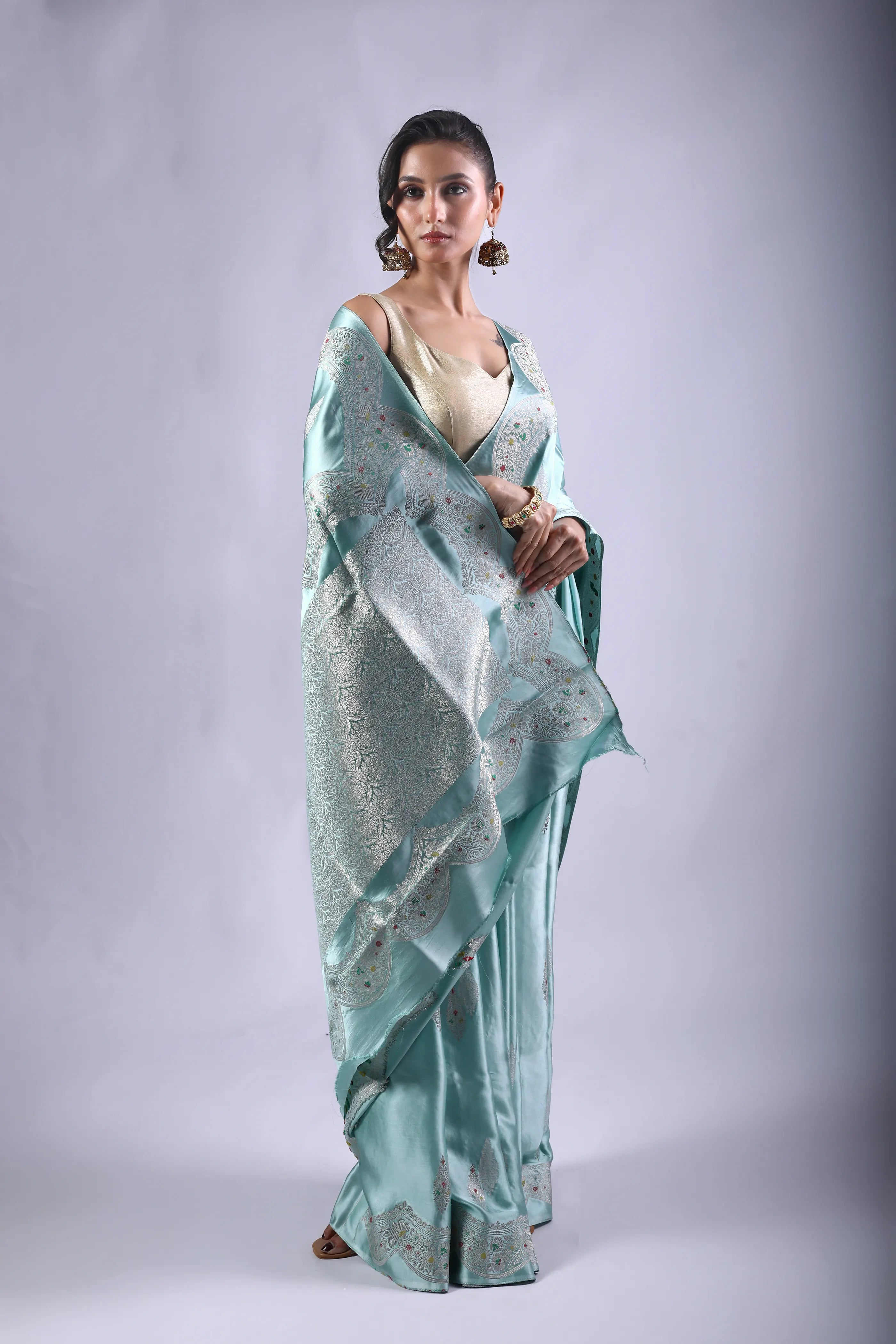 Powder Blue Blended Mashru Banarasi Saree With Blouse Piece