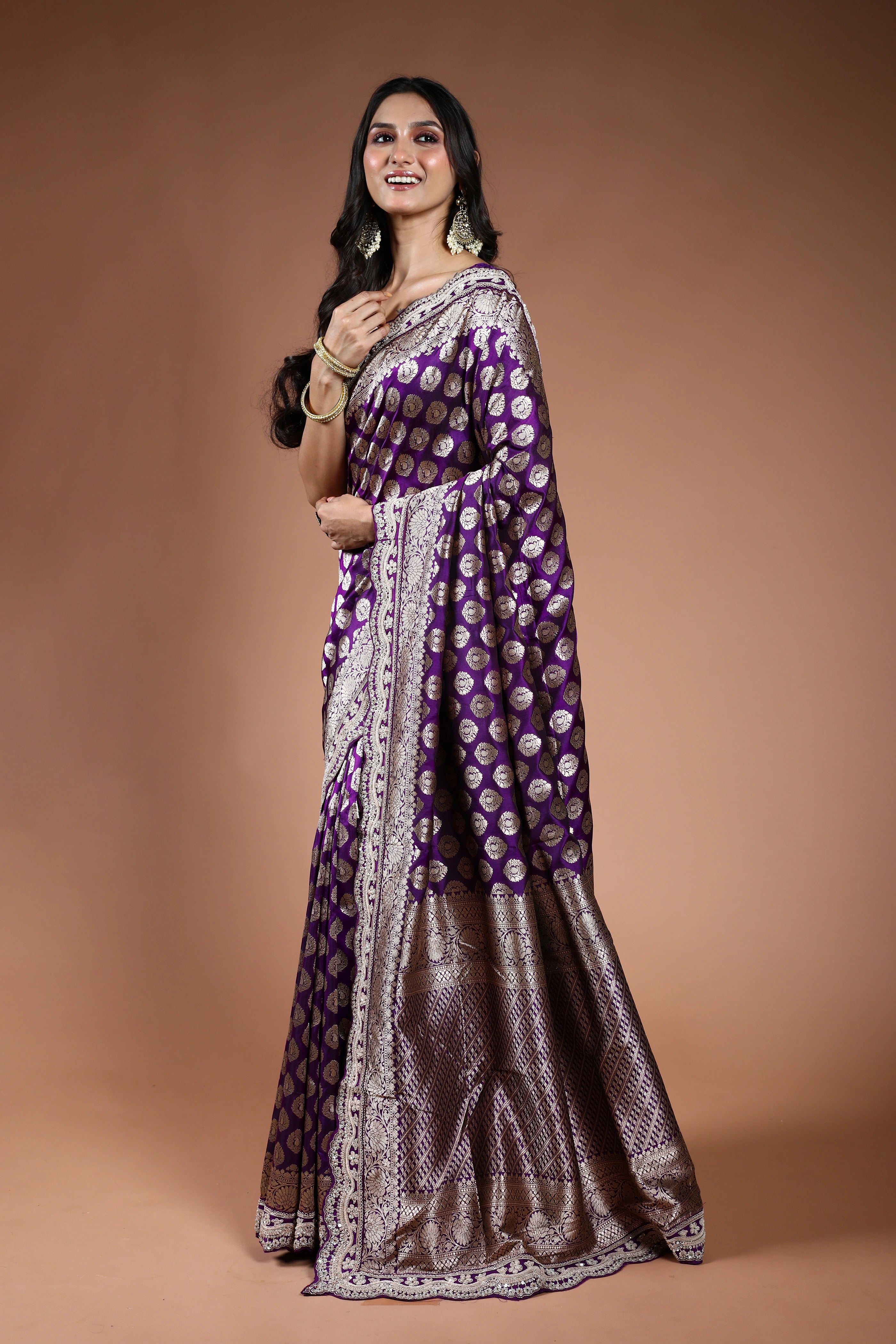 Purple Exclusive Katan Zardosi Work Saree With Blouse Piece
