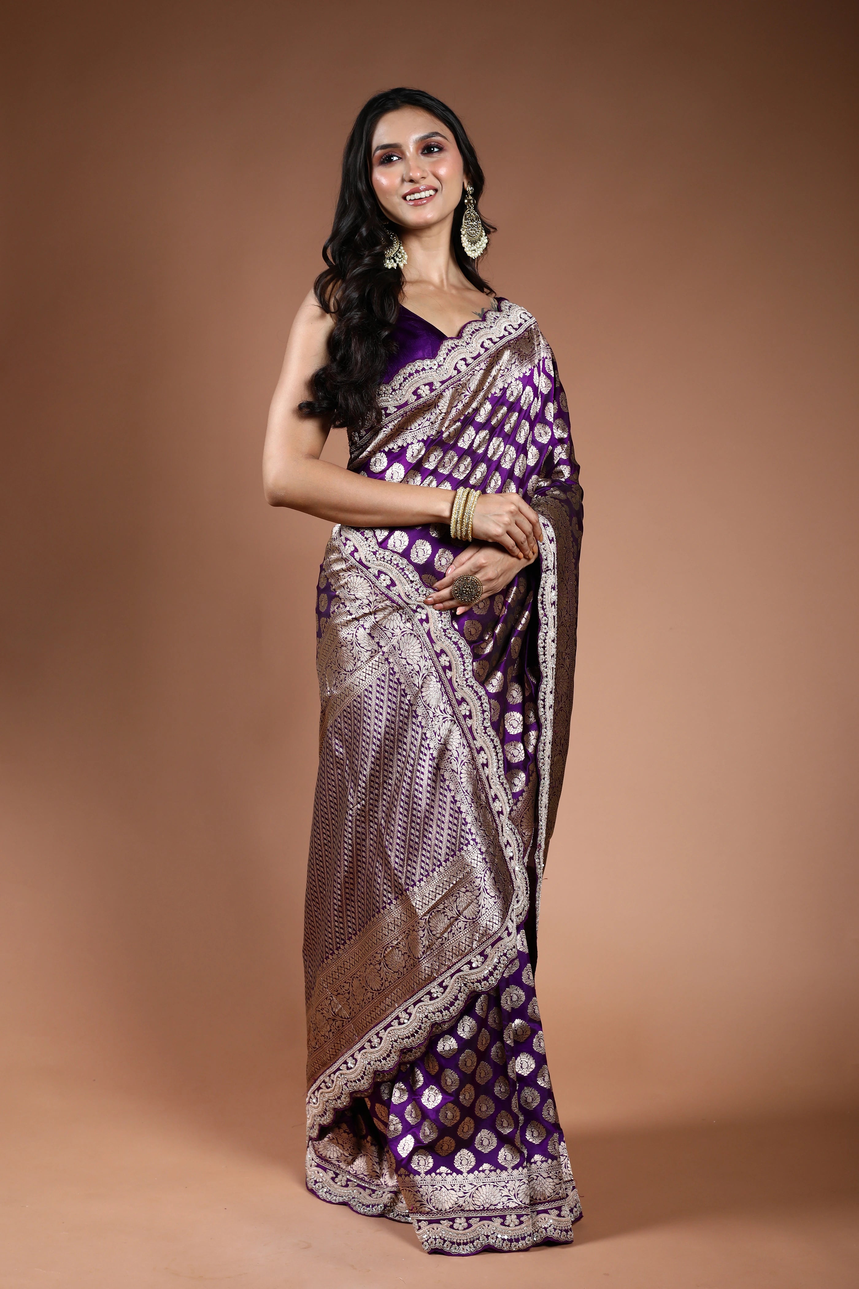 Purple Exclusive Katan Zardosi Work Saree With Blouse Piece