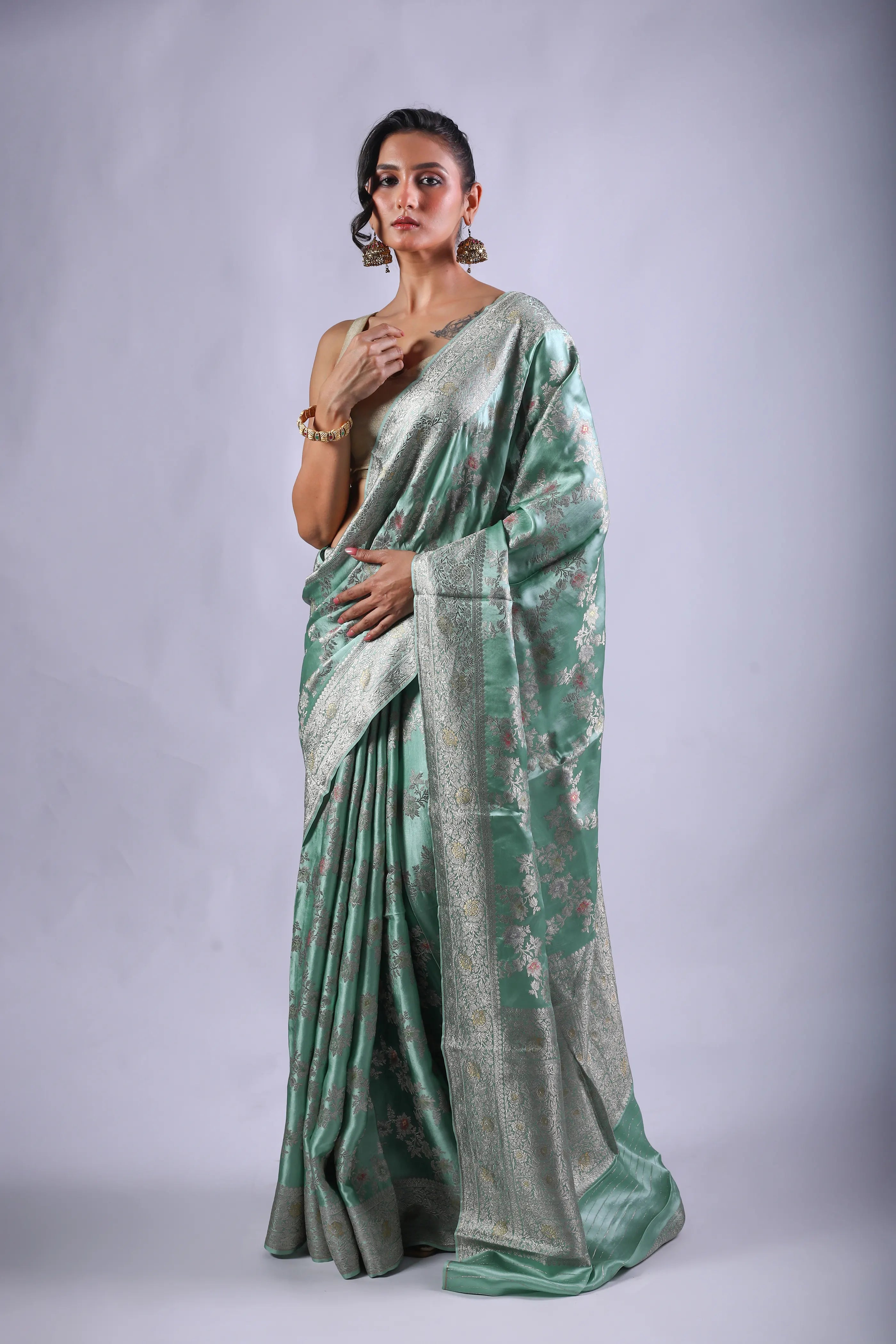 Light Cyan Turquoise Semi Mashru Saree With Blouse Piece
