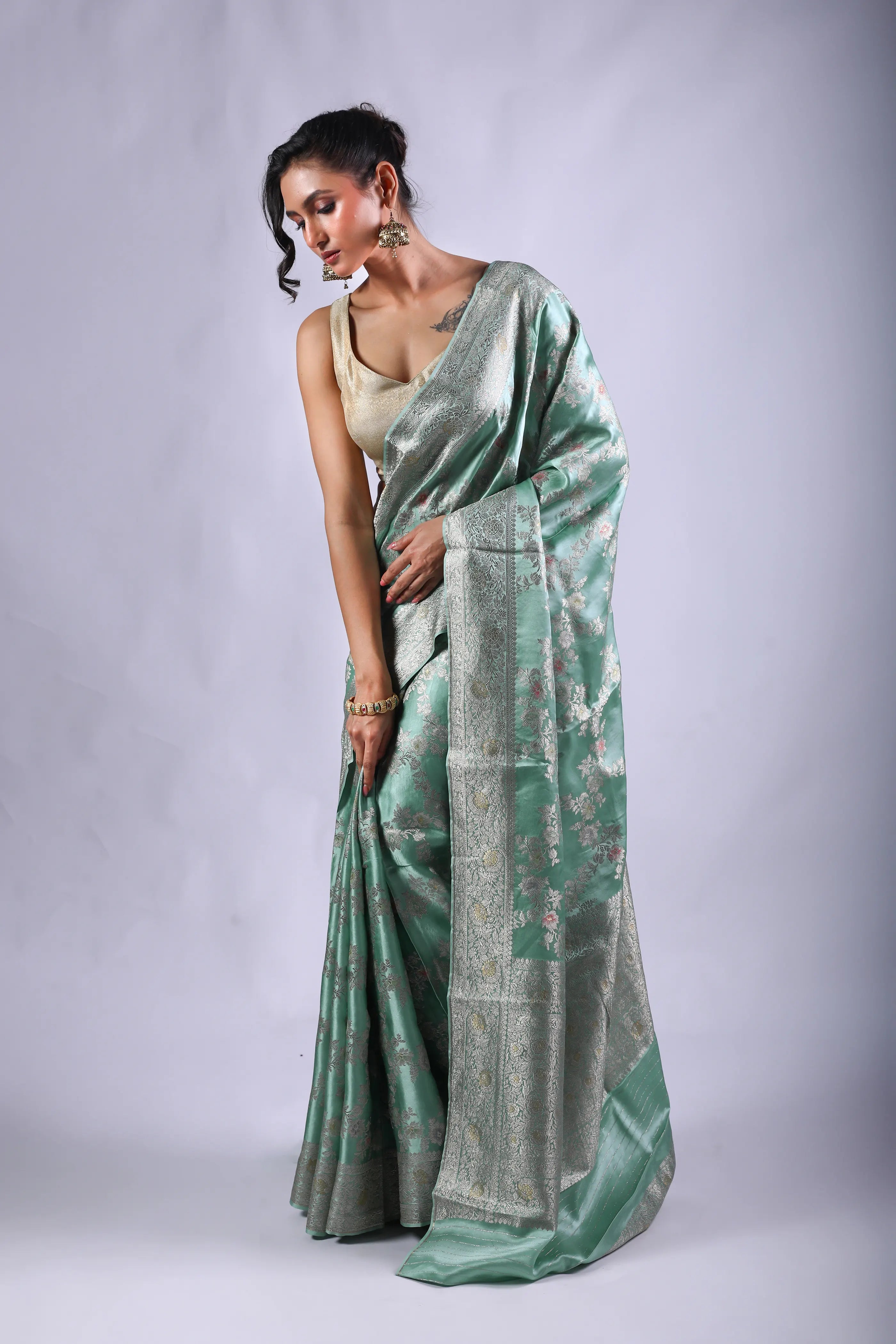 Light Cyan Turquoise Semi Mashru Saree With Blouse Piece