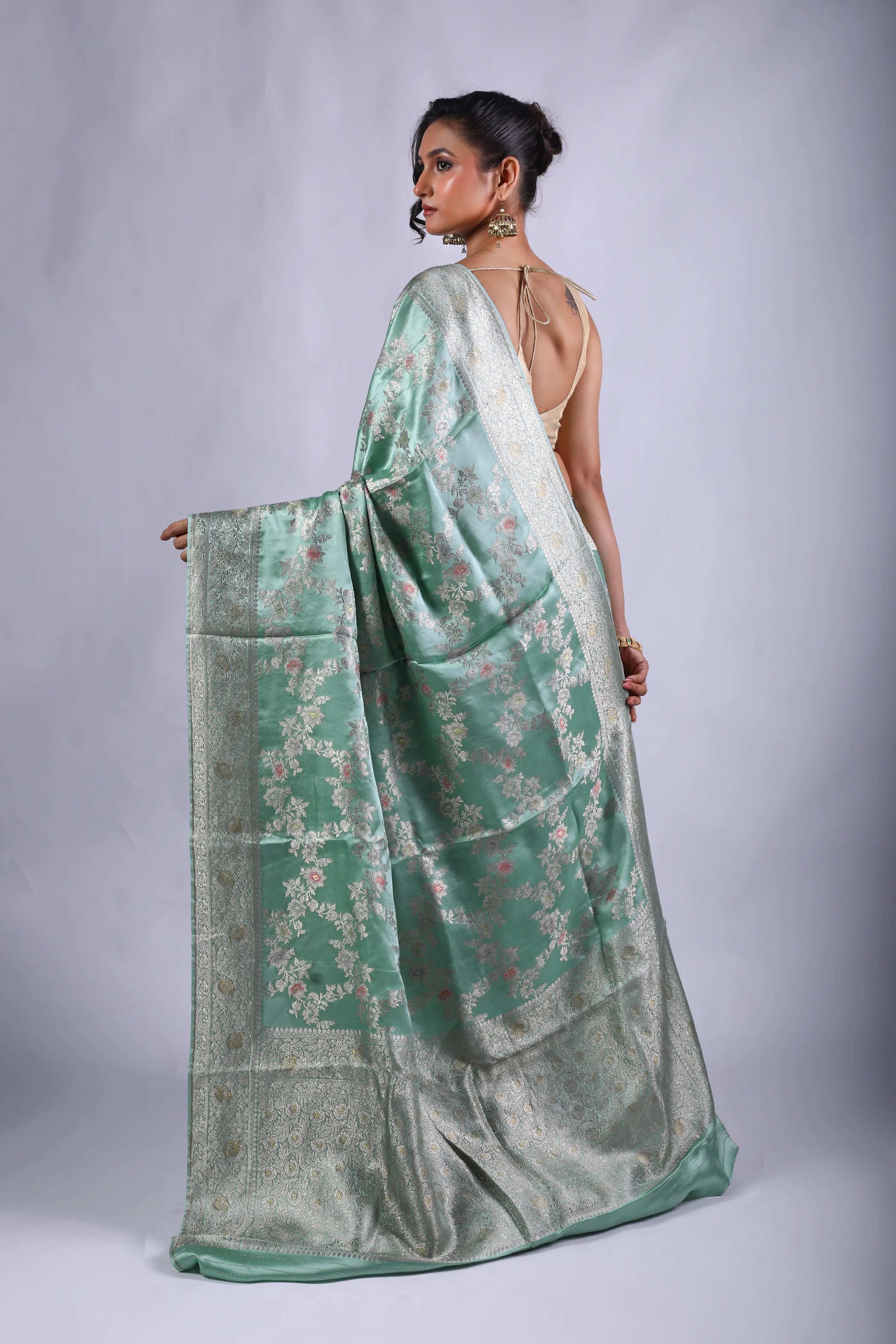 Light Cyan Turquoise Semi Mashru Saree With Blouse Piece
