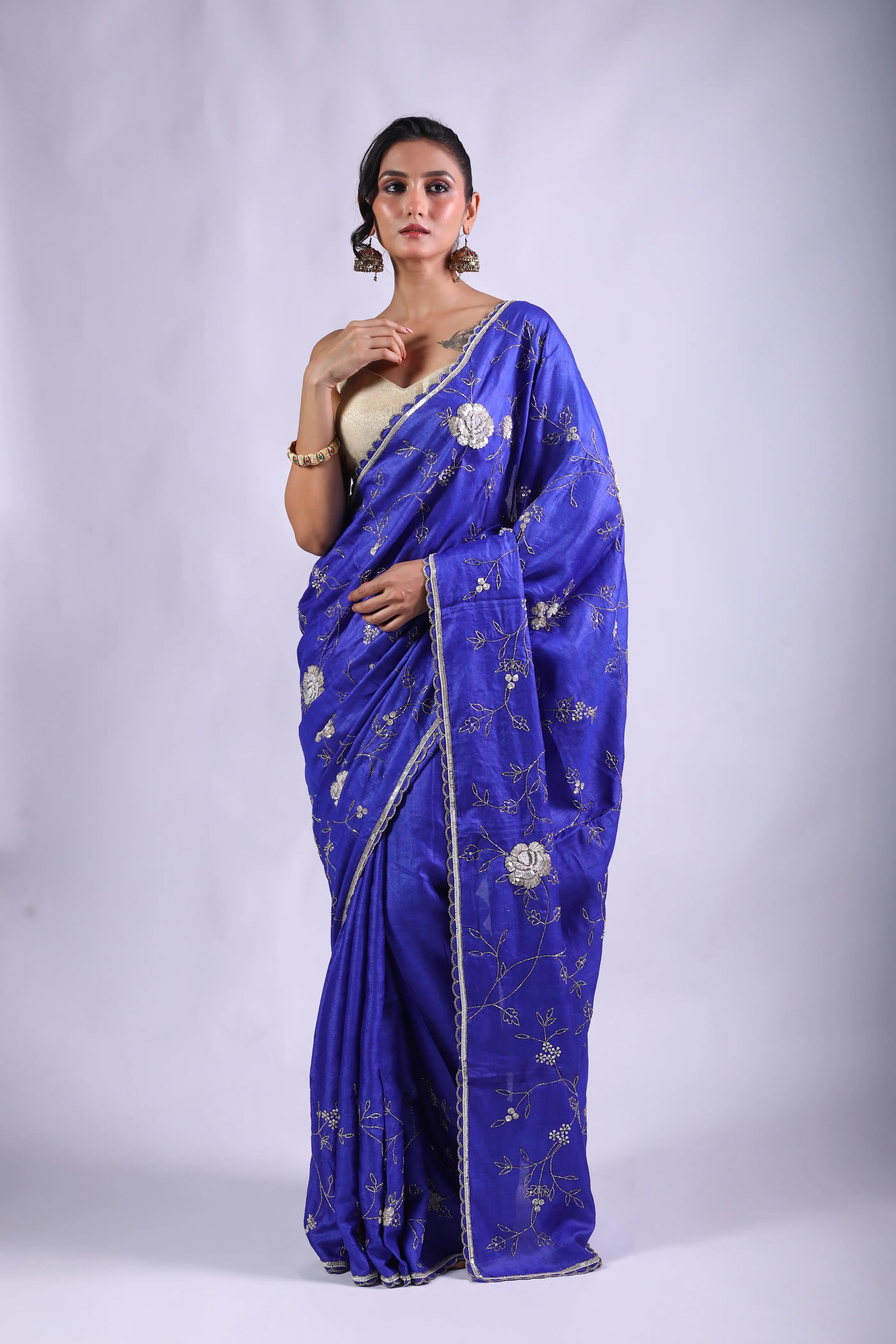 Royal Blue Tussar Saree With Blouse Piece