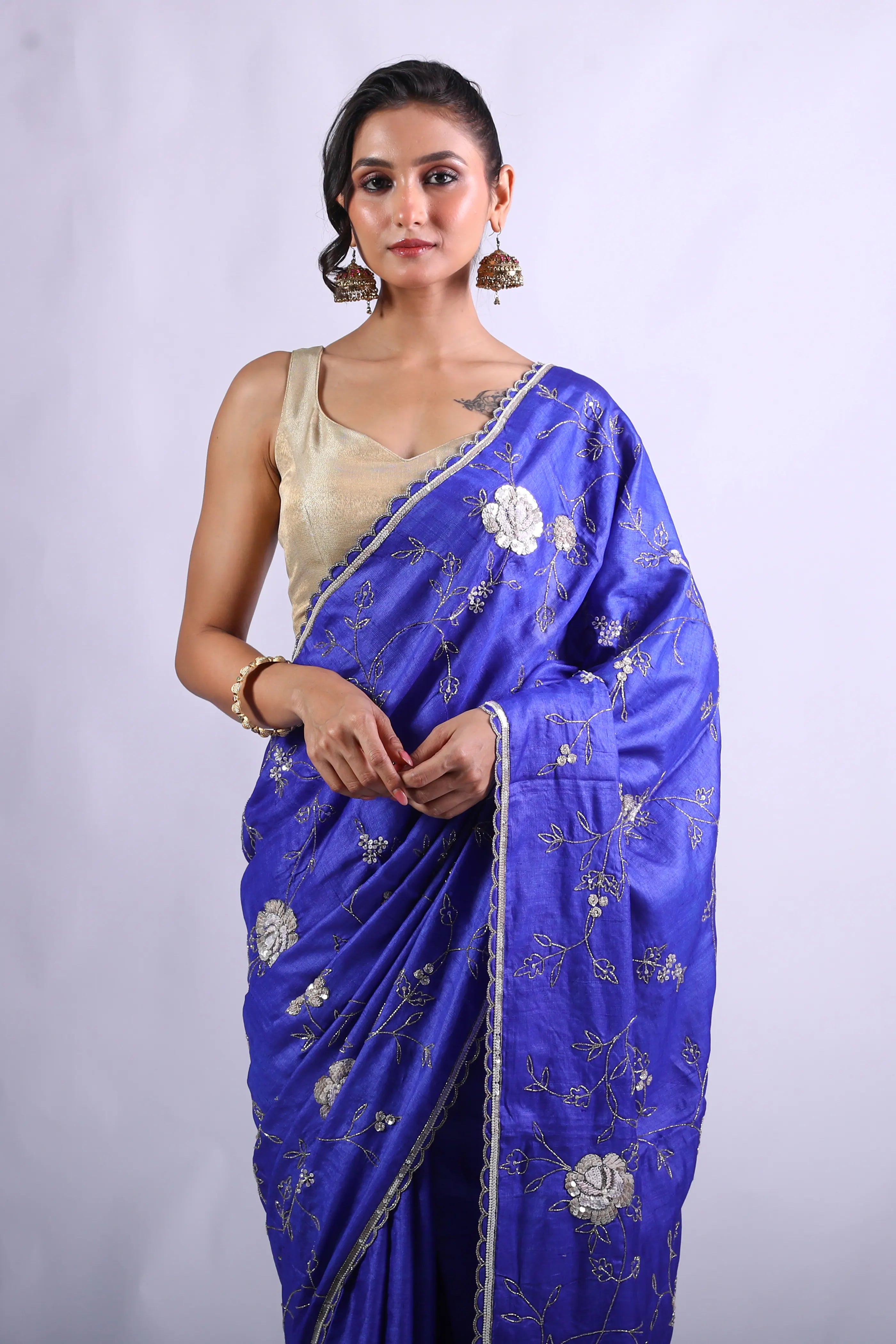 Royal Blue Tussar Saree With Blouse Piece