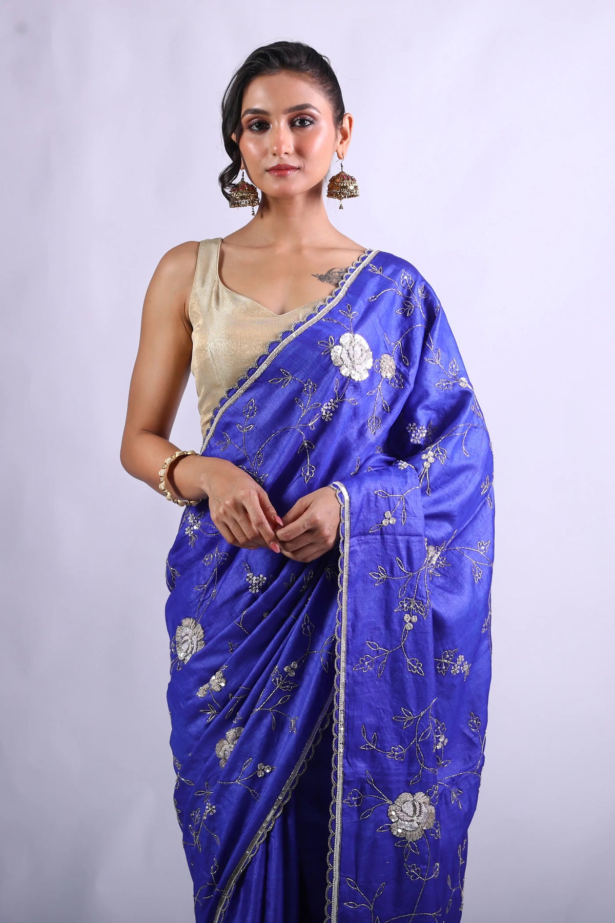 Royal Blue Tussar Saree With Blouse Piece