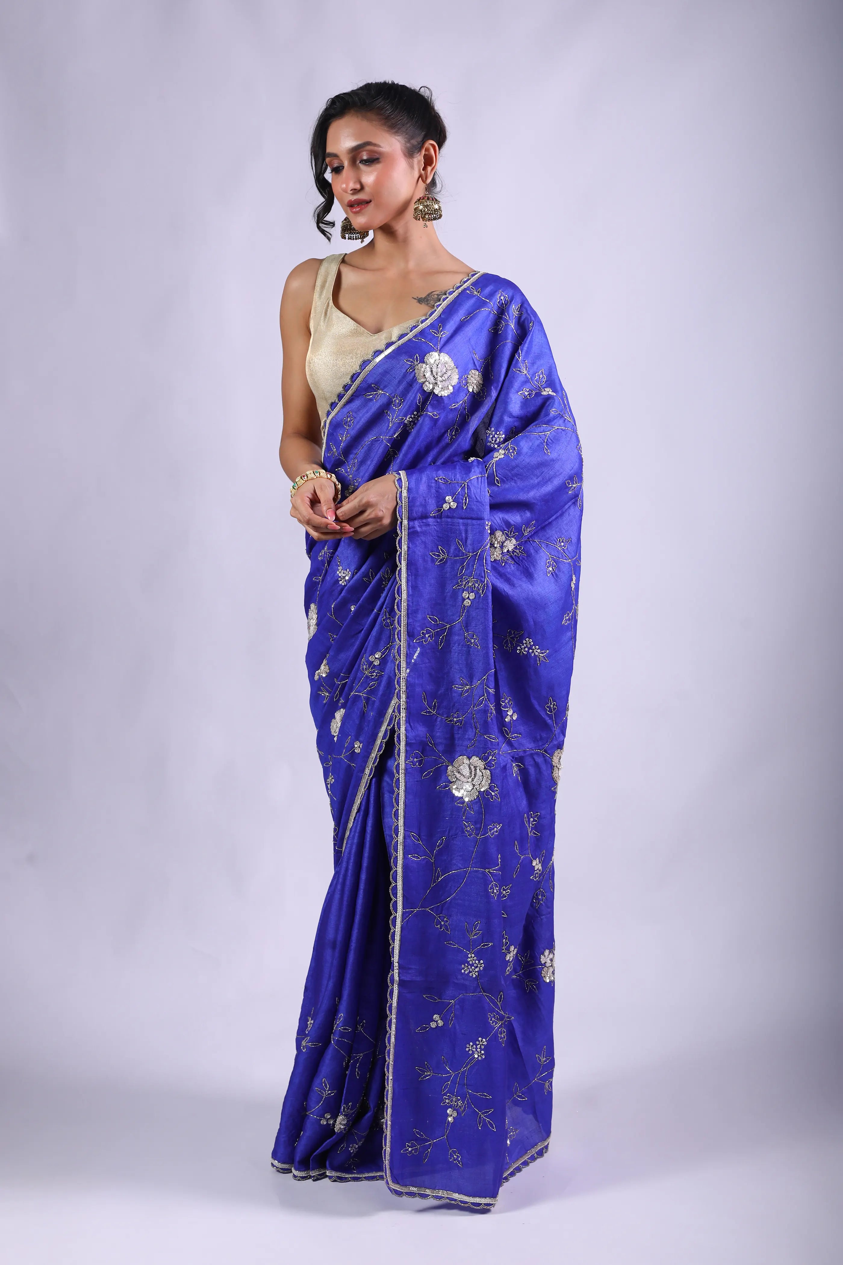 Royal Blue Tussar Saree With Blouse Piece