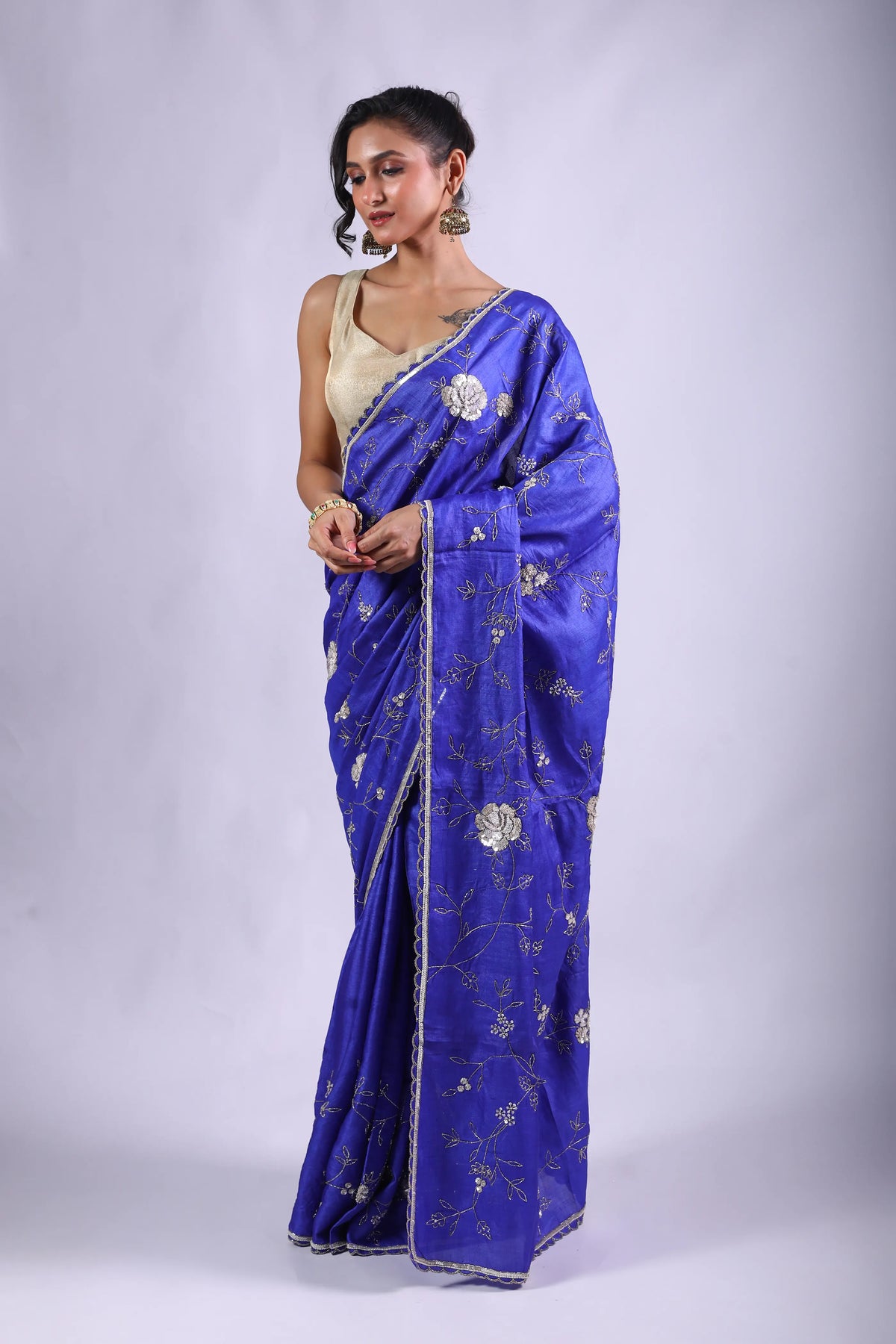 Royal Blue Tussar Saree With Blouse Piece