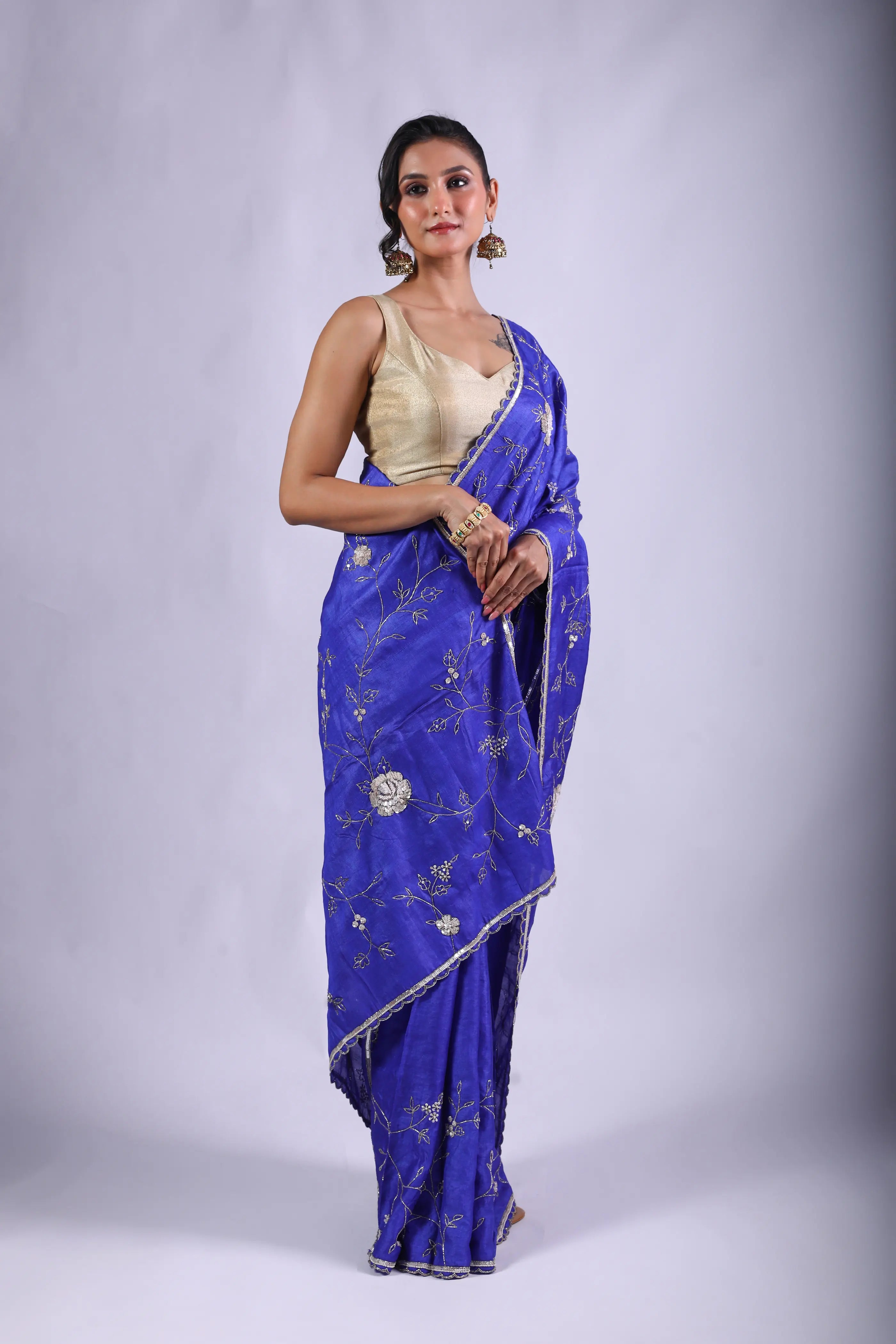 Royal Blue Tussar Saree With Blouse Piece