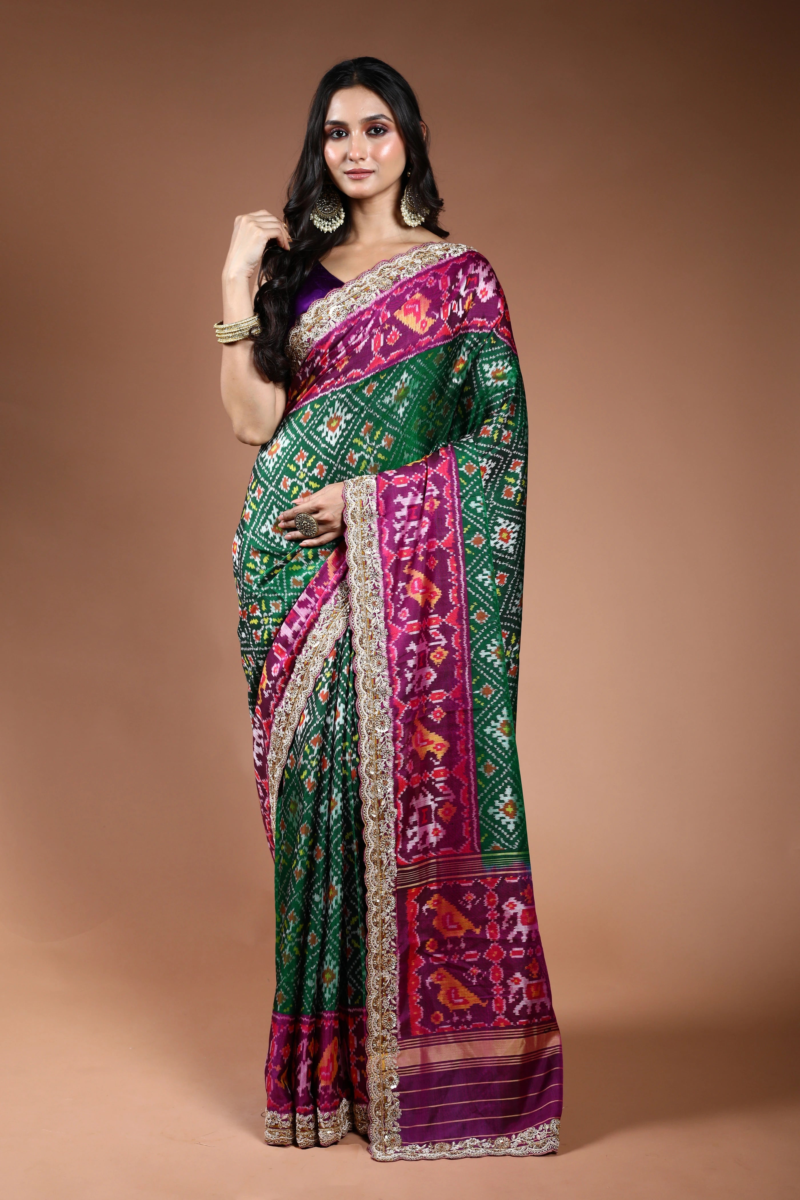 Green Exclusive Patola Zardosi Work Saree With Blouse Piece