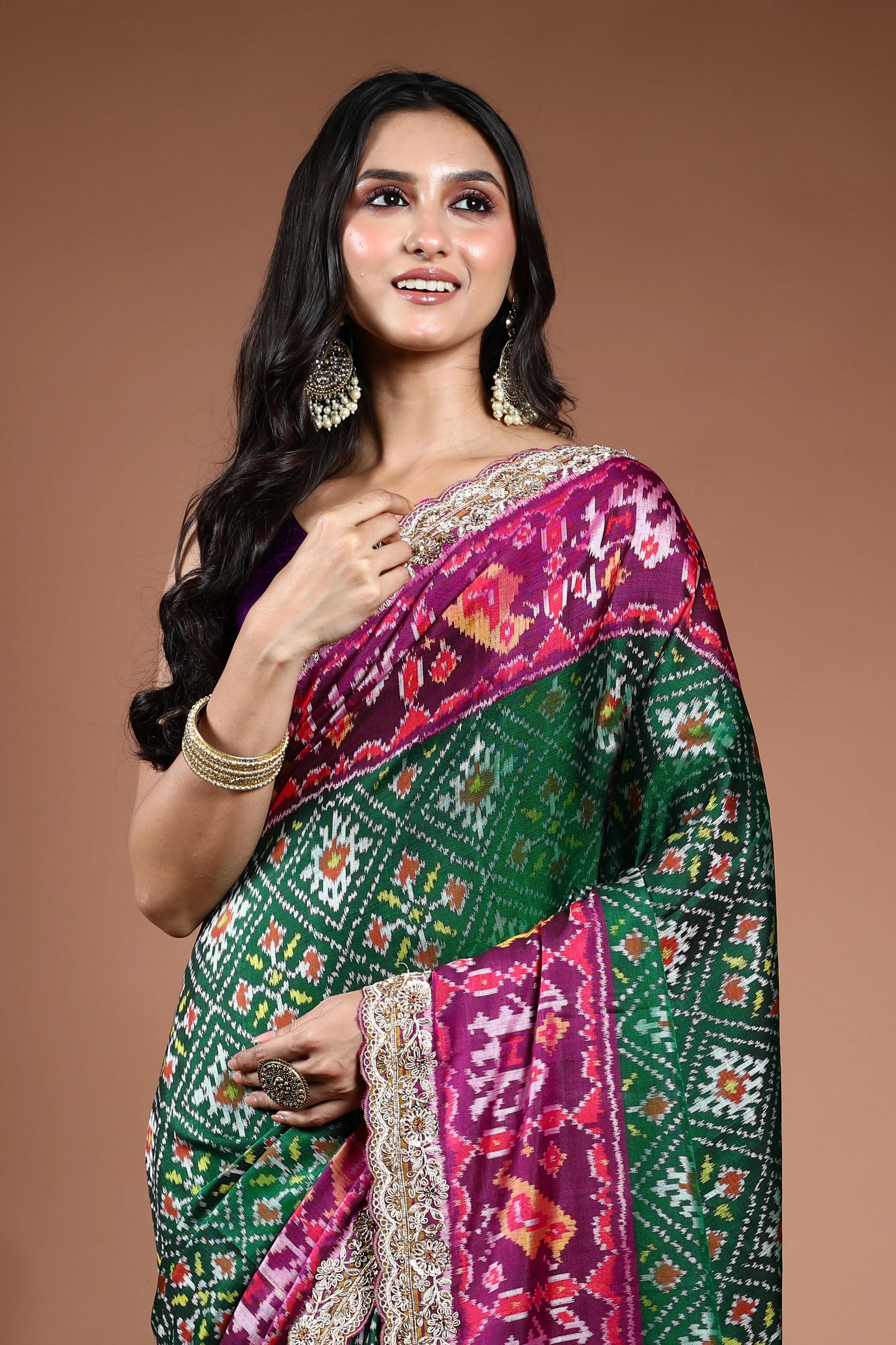 Green Exclusive Patola Zardosi Work Saree With Blouse Piece