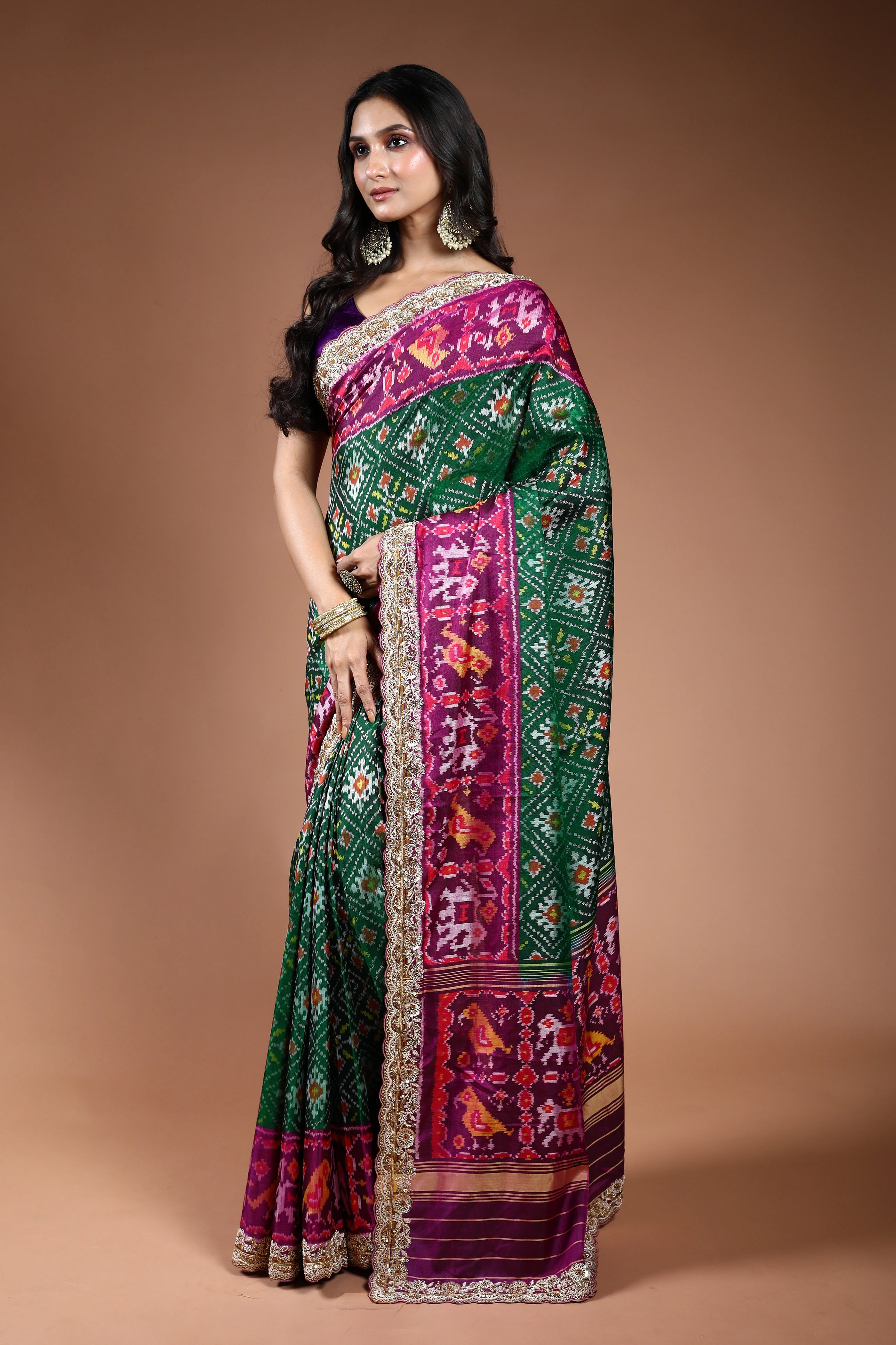 Green Exclusive Patola Zardosi Work Saree With Blouse Piece